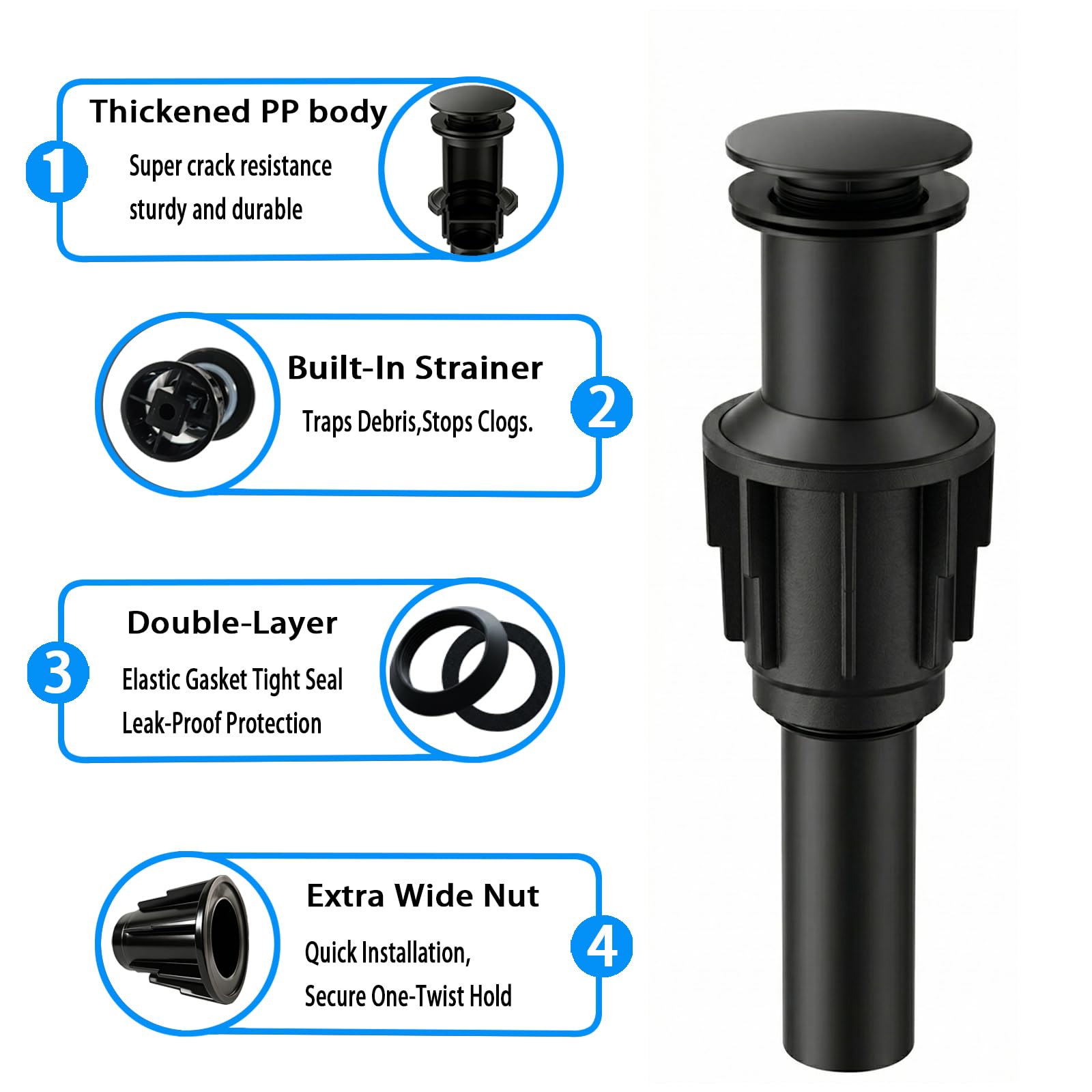 Bathroom Sink Drain Without Overflow- Matte Black Pop up Drain for Bathroom Vanity Vessel Sink Drain Stopper - Anti-clog Pop-up Plastic Drain with Hair Catcher Strainer — view 6