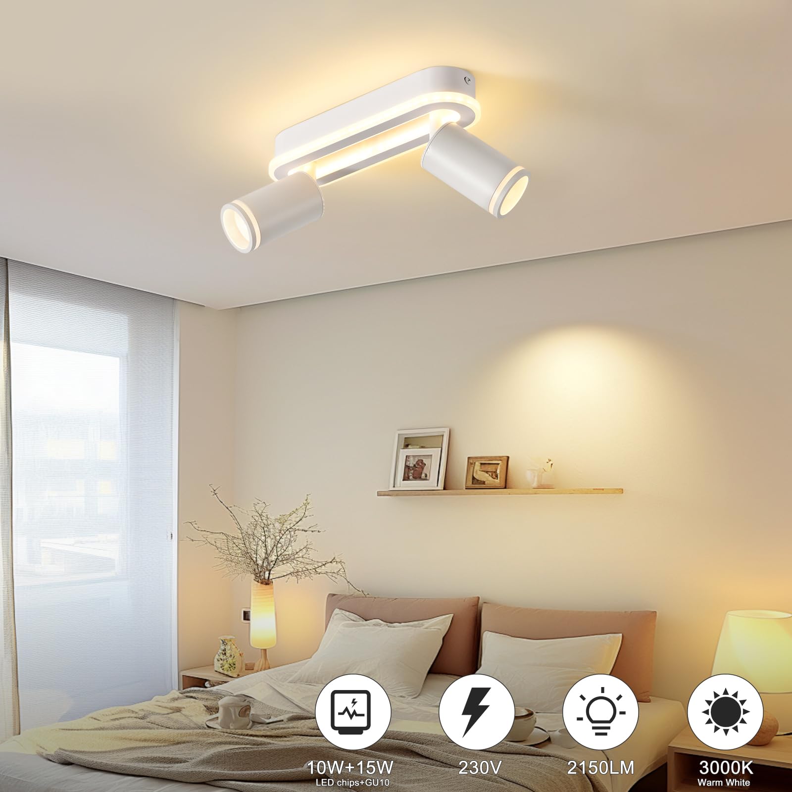 SANSHI Faretti da Soffitto Orientabili Interno LED 2 Luce,Faretti da Parete con Inferiore 15W+2x5W,GU10 Lampadario Faretti,Moderna Plafoniera Faretti Bianco Caldo 3000K per Cameretta Cucina,Bianco