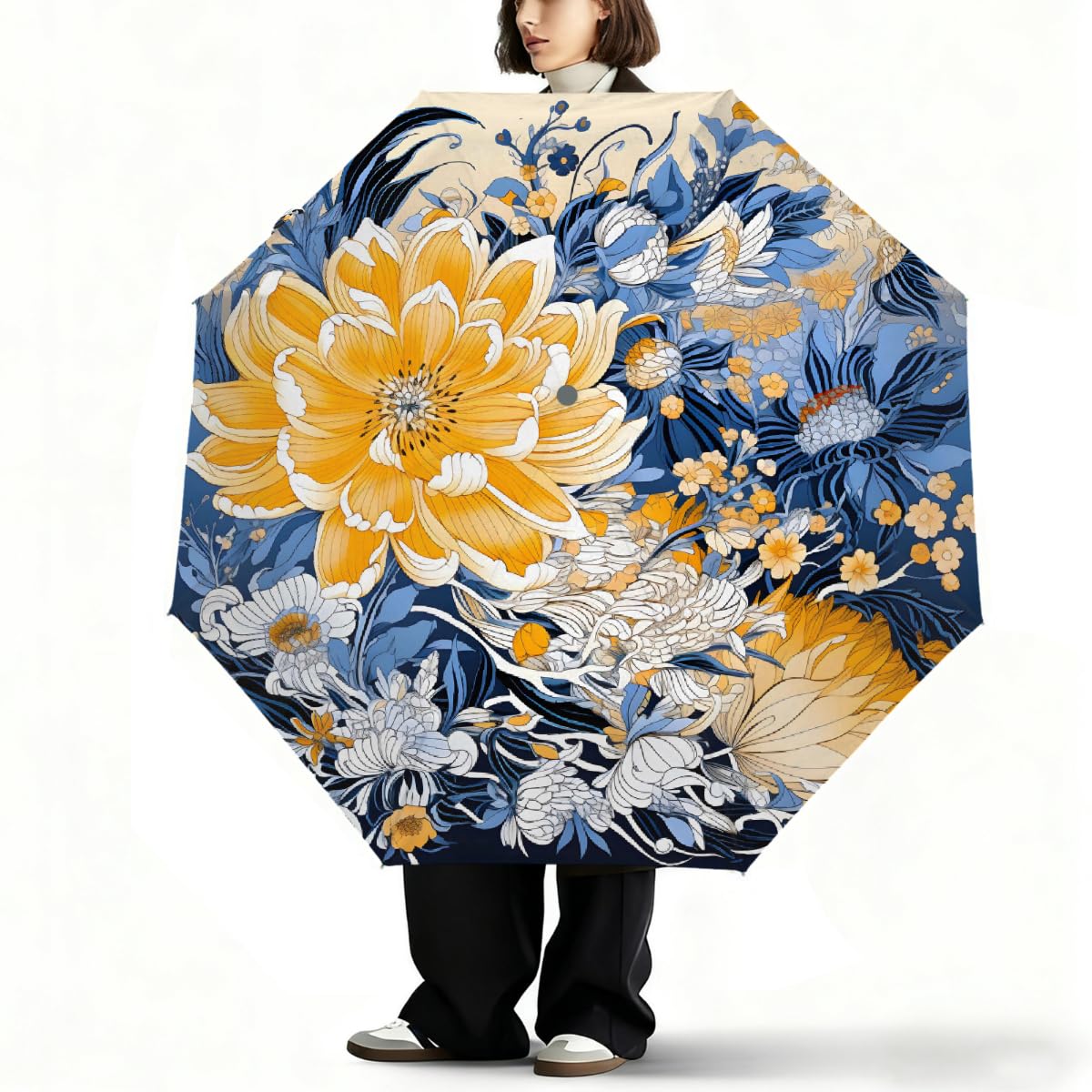 Ombrello pieghevole vintage con fiore di peonia ombrello da viaggio compatto antivento impermeabile con protezione UV rivestimento nero leggero 8 coste portatile per pioggia sole