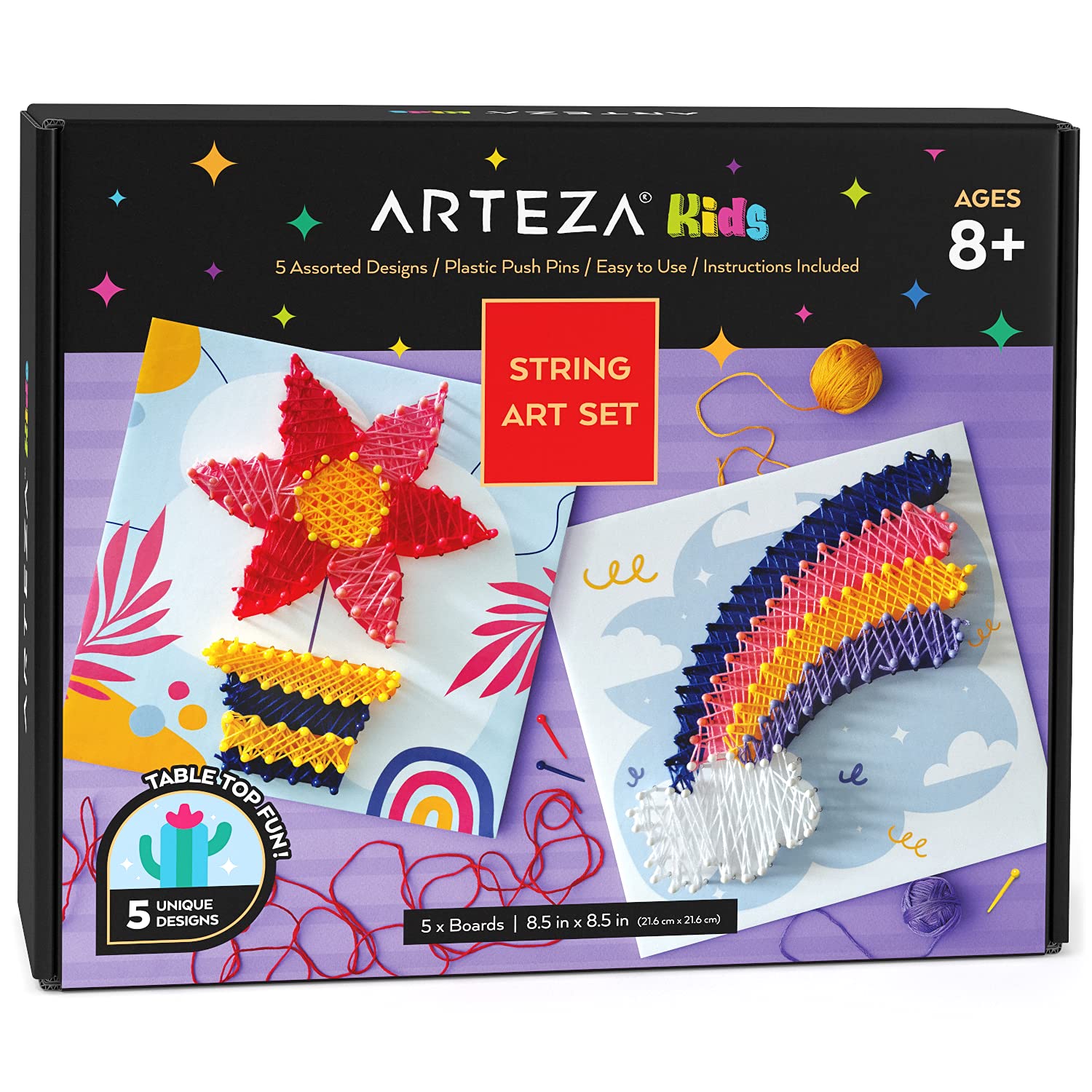 Arteza Kids String Art Kit, Set of 5 Assorted Designs, Plastic Pushpins, Art Supplies for Kids Craft Projects and Free Time Activities