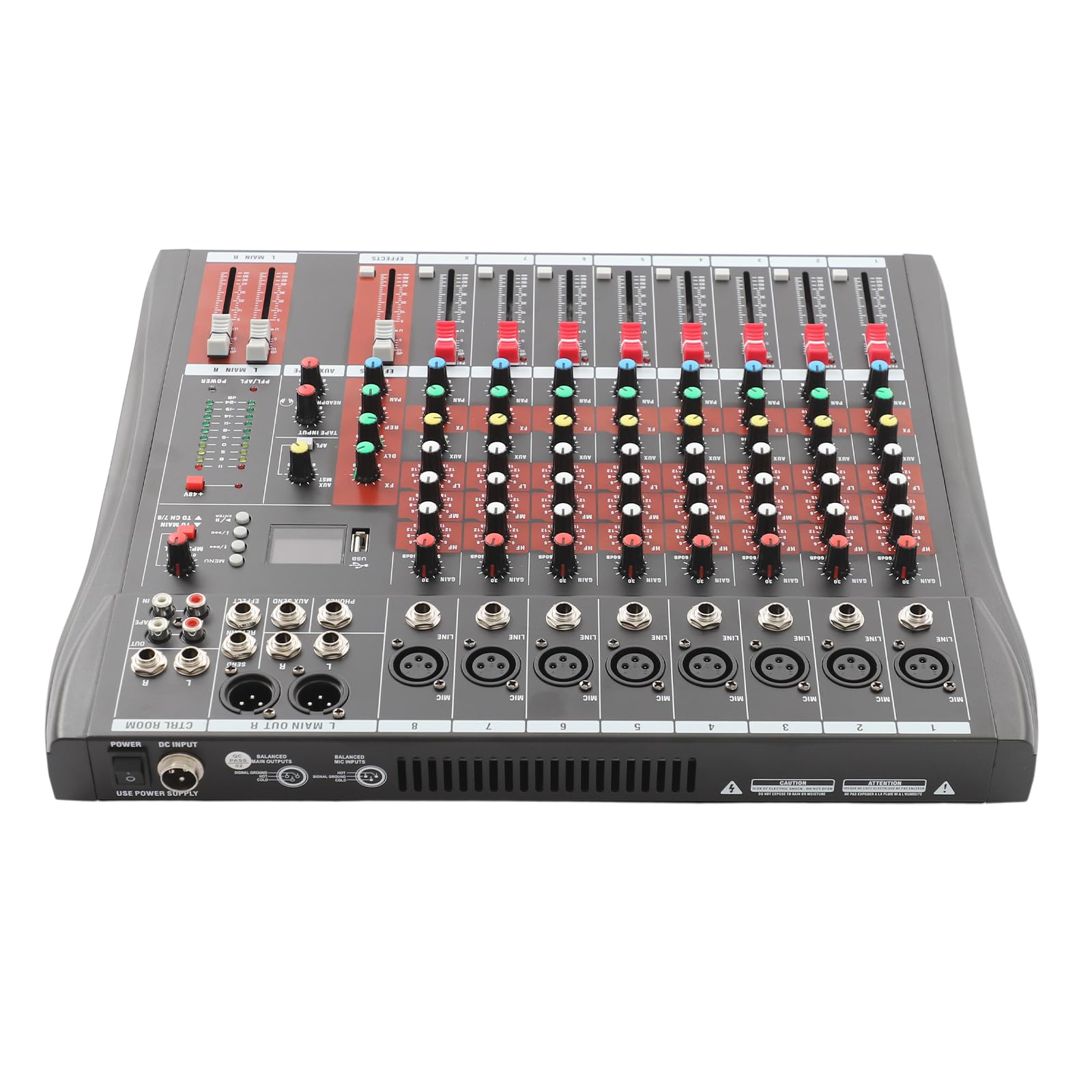 Mischpult 8 Kanal Audiomixer mit Bluetooth & USB MP3 Eingang – 48V Phantomspannung, 3-Band EQ – LED Anzeige & Kopfhörerausgang – für Studio, Bühne, Aufnahme, Heimkino – DJ Pult, professionell, kompakt