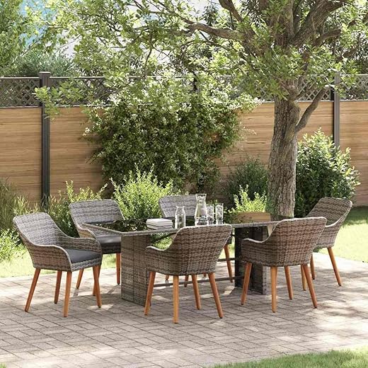 Owoxanthellate 7-Piece Patio Dining Set with Cushions 74.8x31.5 in Grey Poly Rattan Table and Chairs Conversation Layout Modern Style Comfortable for Garden Porch Outdoor Furniture