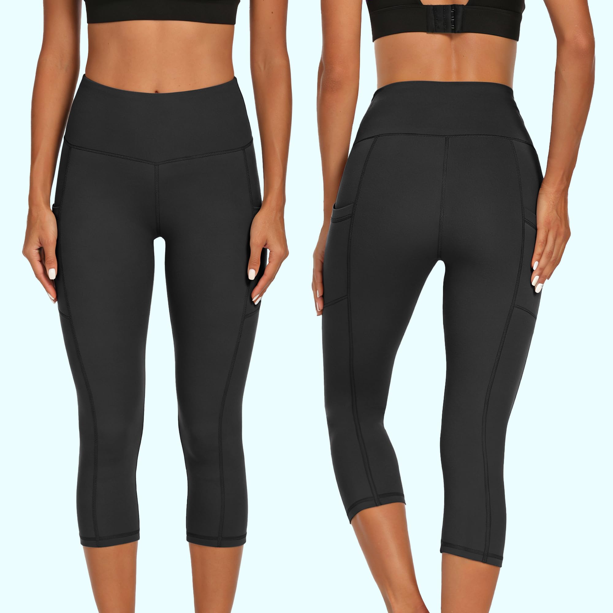 HIPOWER Pack de 3 leggings para mujer con bolsillos, pantalones deportivos capri, pantalones 3/4, pantalones capri, cintura alta, yoga, verano, leggings deportivos para fitness y gimnasio