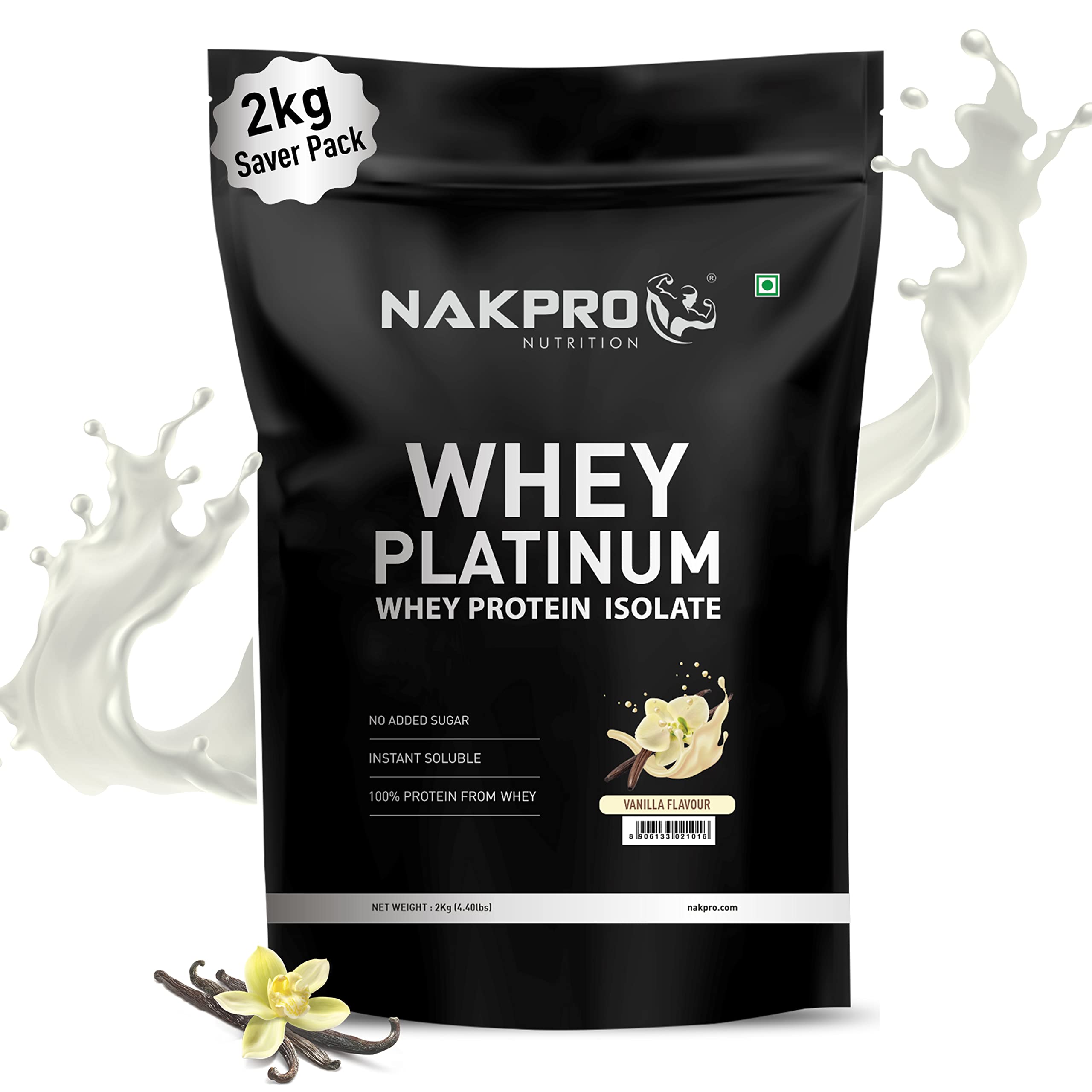 NAKPRO Platinum Whey Protein Isolate 2kg Vanilla | 28g Protein, 6.4g BCAA | Trustified Certified 100% Authentic Supplement Powder & No Adulteration | Low Carbs, Fast Absorbing Whey Protein Powder