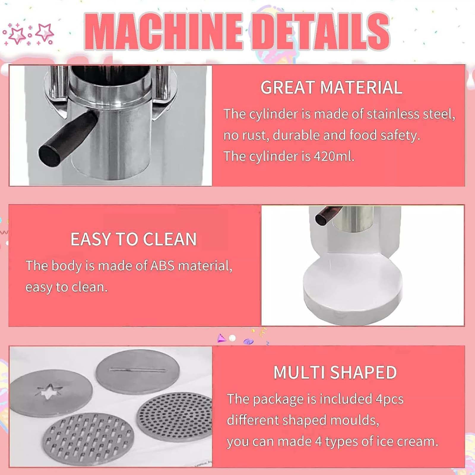 Macchina Per Gelato Alla Pasta All'Italiana, Gelatiera Elettrica Per Spaghetti Da 30 L/H E 420 Ml, 4 Stampi Intercambiabili In Acciaio Inox, Macchina Per Spaghetti Al Gelato,White