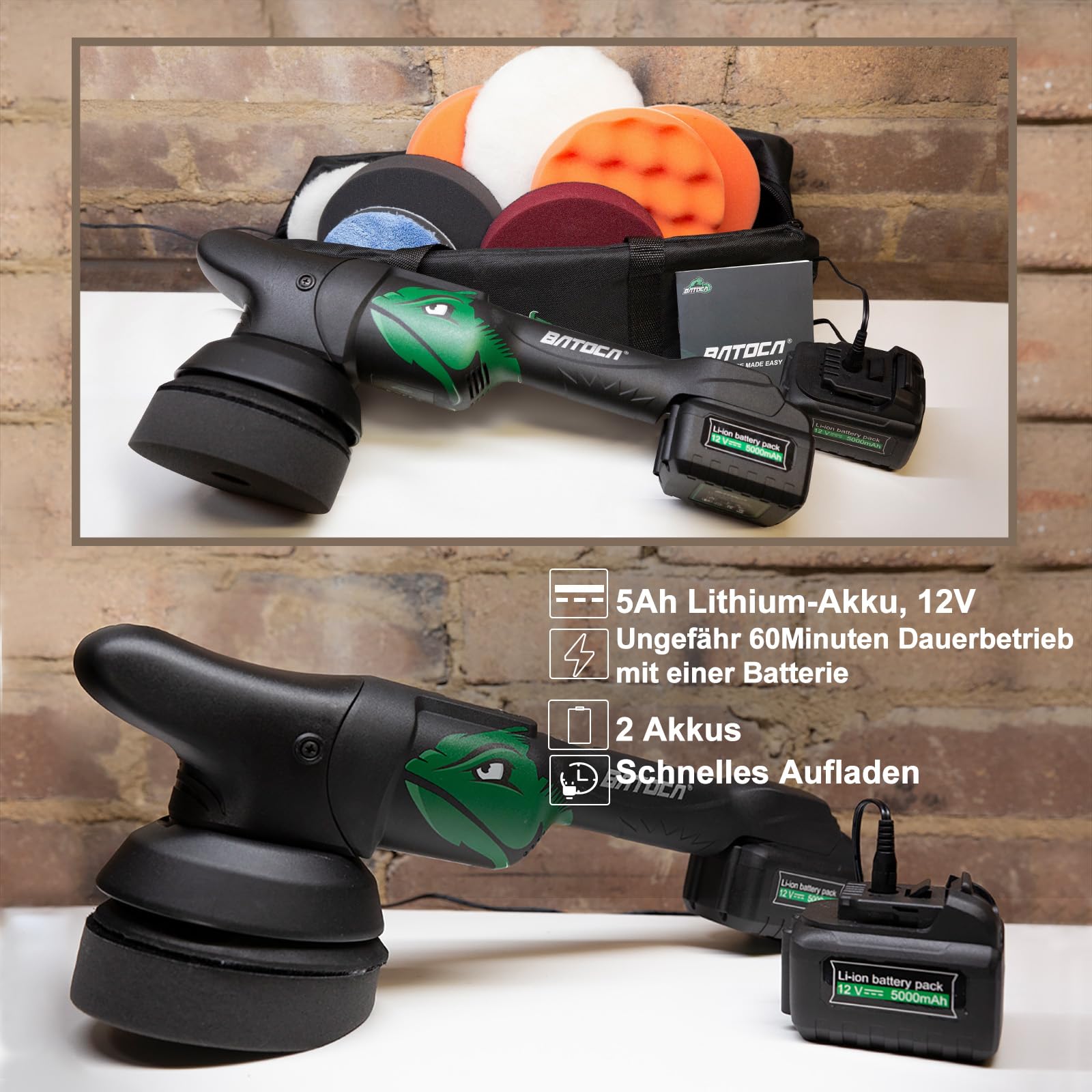 BATOCA S2 Auto Poliermaschine,Akku Polierer,LCD Geschwindigkeitsanzeige 2000-4500RPM,8mm Exzenter/Orbital Puffer,Polieren Auto,Polierset mit 2 5000mAh Akkus,125mm Polierschwamm,Polnisch Schleifen