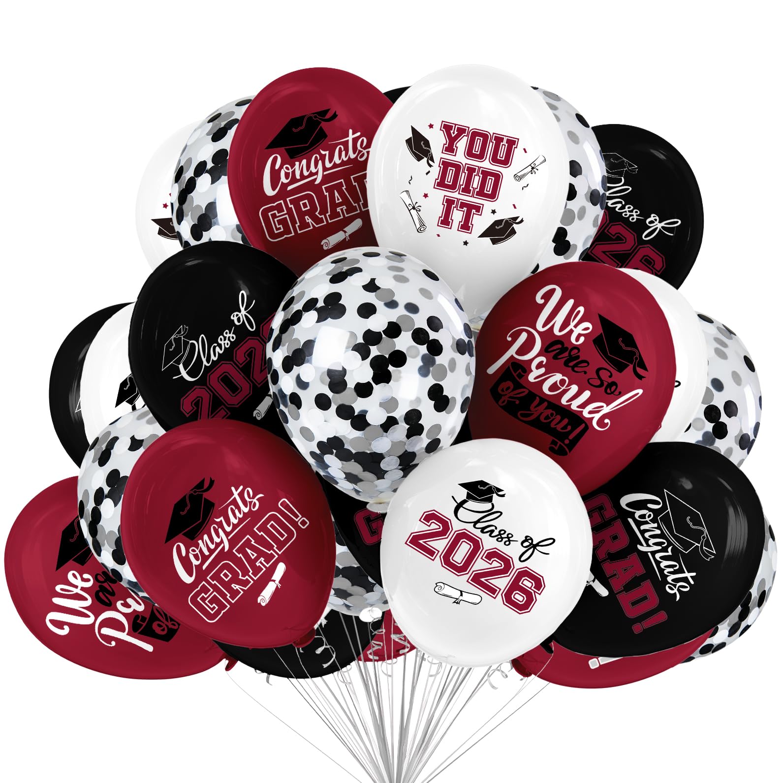 Photo 1 of 2026 Maroon & Black Graduation Decorations Set - 63Pcs Graduation Grad Latex Balloons with Ribbons, Congrats Grad Caps for College & High School Party Supplies