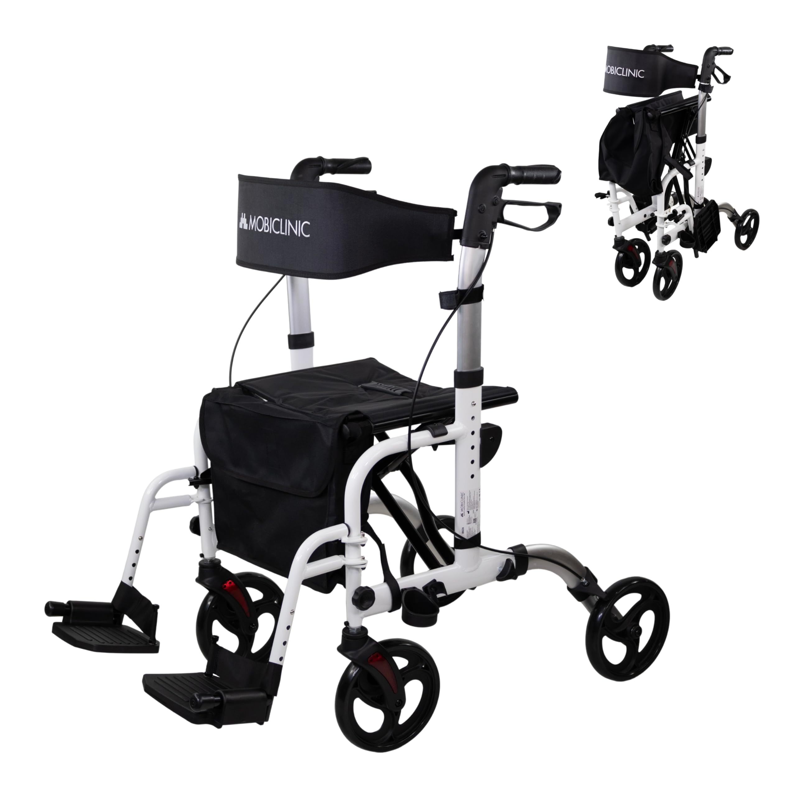 Mobiclinic®, Deambulatore Pieghevole, con Poggiapiedi, Regolabile in Altezza, Max. 136 Kg, con Freni, Schienale Reversibile, Ruote 360º, Borsa, Porta Bastone, Ibiza