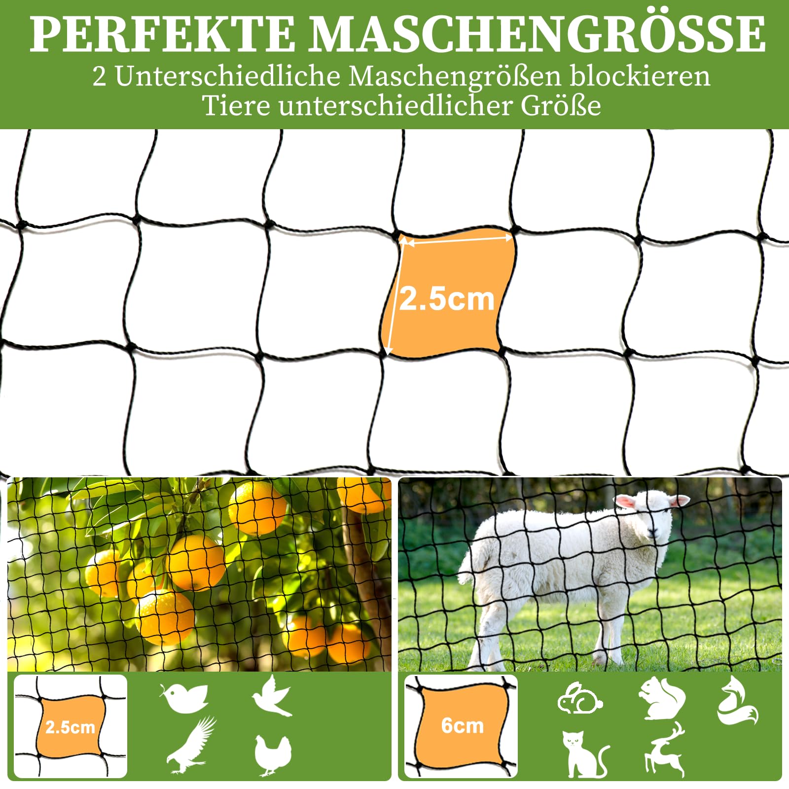 15m x 15m Vogelschutznetz, Vogelnetz mit 2.5cm Feinmaschig für Gartennetz, Teichnetz als Katzennetz für Balkon, UV-beständig Obstbäumenetz Laubnetz mit 6 Bodenanker