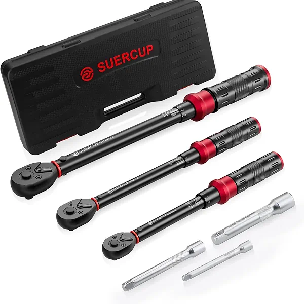 SUERCUP 1/4 3/8 1/2-inch Drive Torque Wrench - 3Pcs Torque Wrench Set 20-240in.lb, 5-45ft.lb, 10-170ft.lb, Dual-Direction Adjustable 72 Tooth Click Torque Wrench for Bicycle, Moto and Car Maintenance