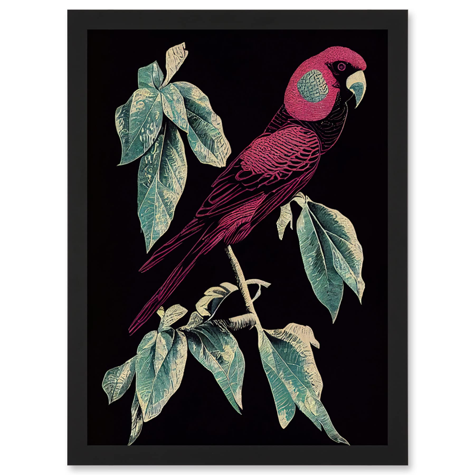 A4 Framed Wall Art Print - Burgundy Parakeet Retro Modern Tropical Jungle Artwork - Artery8