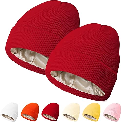 PFFY 2 Packs Womens Satin Lined Beanie Hat Silk Lining Winter Hats Beanies for Women Soft Slouchy Beanie Skull Cap