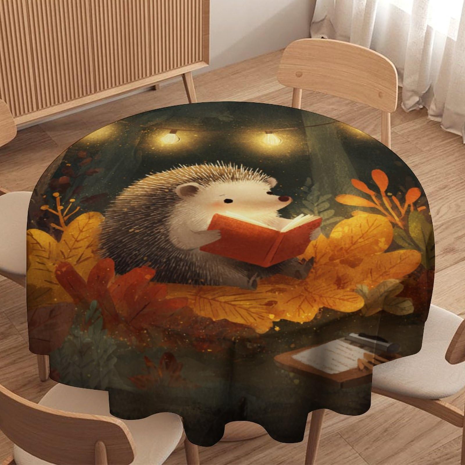 LUYYSKY Rustic Colorful Cute Hedgehogs Waterproof Round Tablecloth Classic Anime Autumn Plants Maple Leaves Animals Hedgehogs Pattern Washable Table Cover for Kitchen-177.8" Wx177.8 L cm