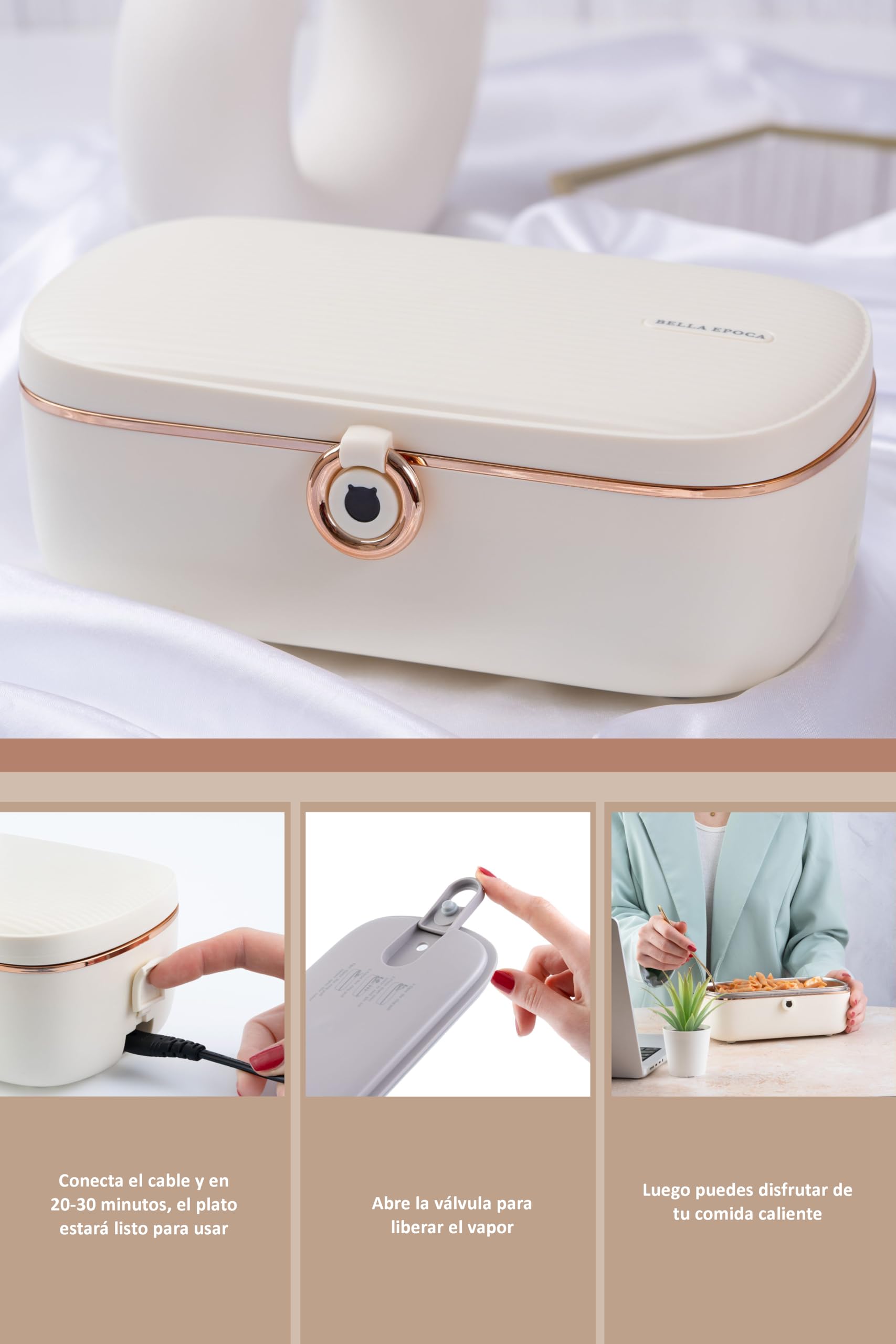 Bella Epoca® - Fiambrera eléctrica, un Portacomidas Elegante. Calentador Portátil da comida con 2 Compartimentos y Recipiente térmico en Acero Inoxidable (1L / 45W)
