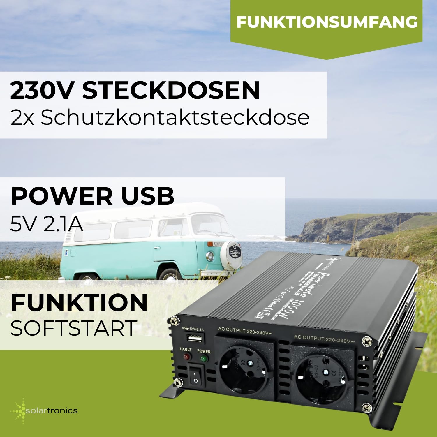 SOLARTRONICS Spannungswandler NM1000 12V 1000 Watt SCHWARZ - 2000 Watt Spitzenleistung - Wechselrichter 12v auf 230v - Blei- oder AGM-Batterie kompatibel - mit Schuko- & USB Anschluss