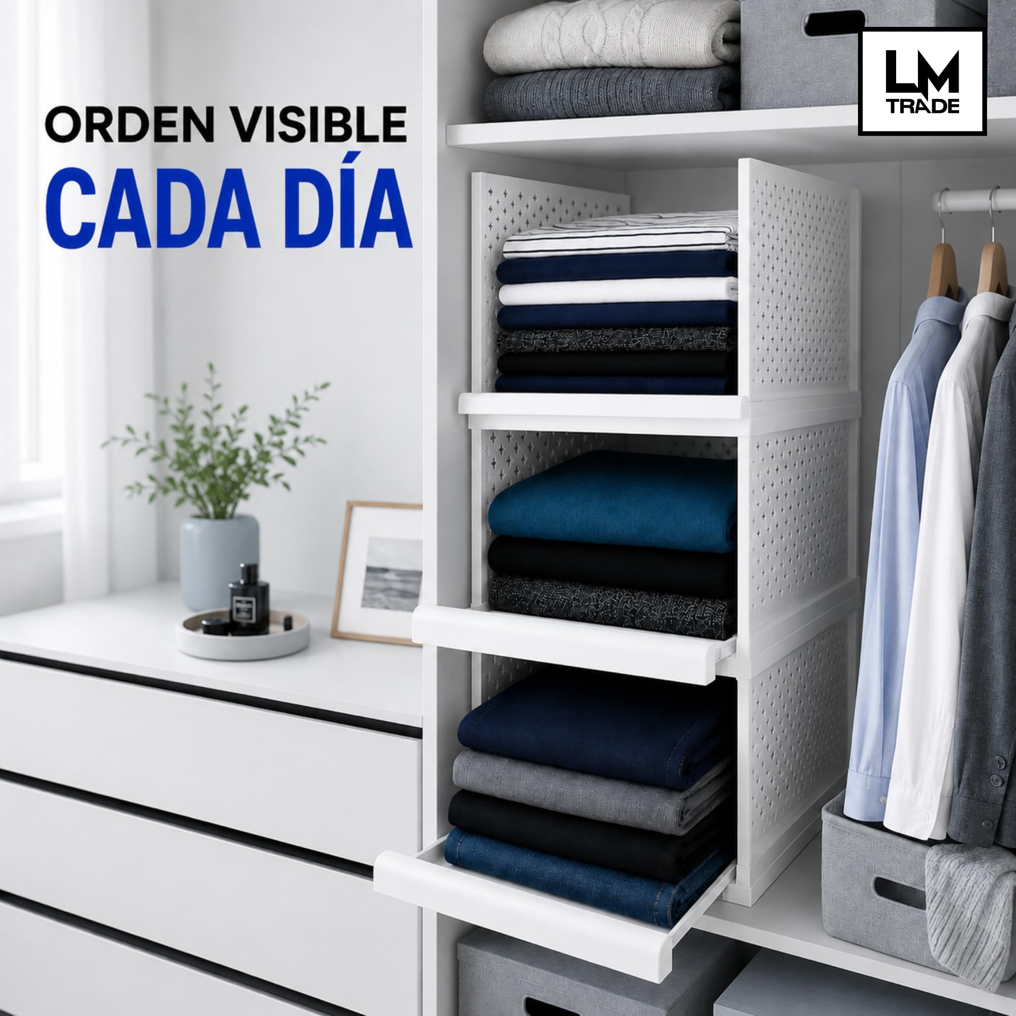 Organizador Armario - Bandejas Extraíbles - 3 Módulos Apilables | Acceso frontal - base antideslizante - tope de seguridad - optimiza espacio - organiza camisetas - pantalones y accesorios
