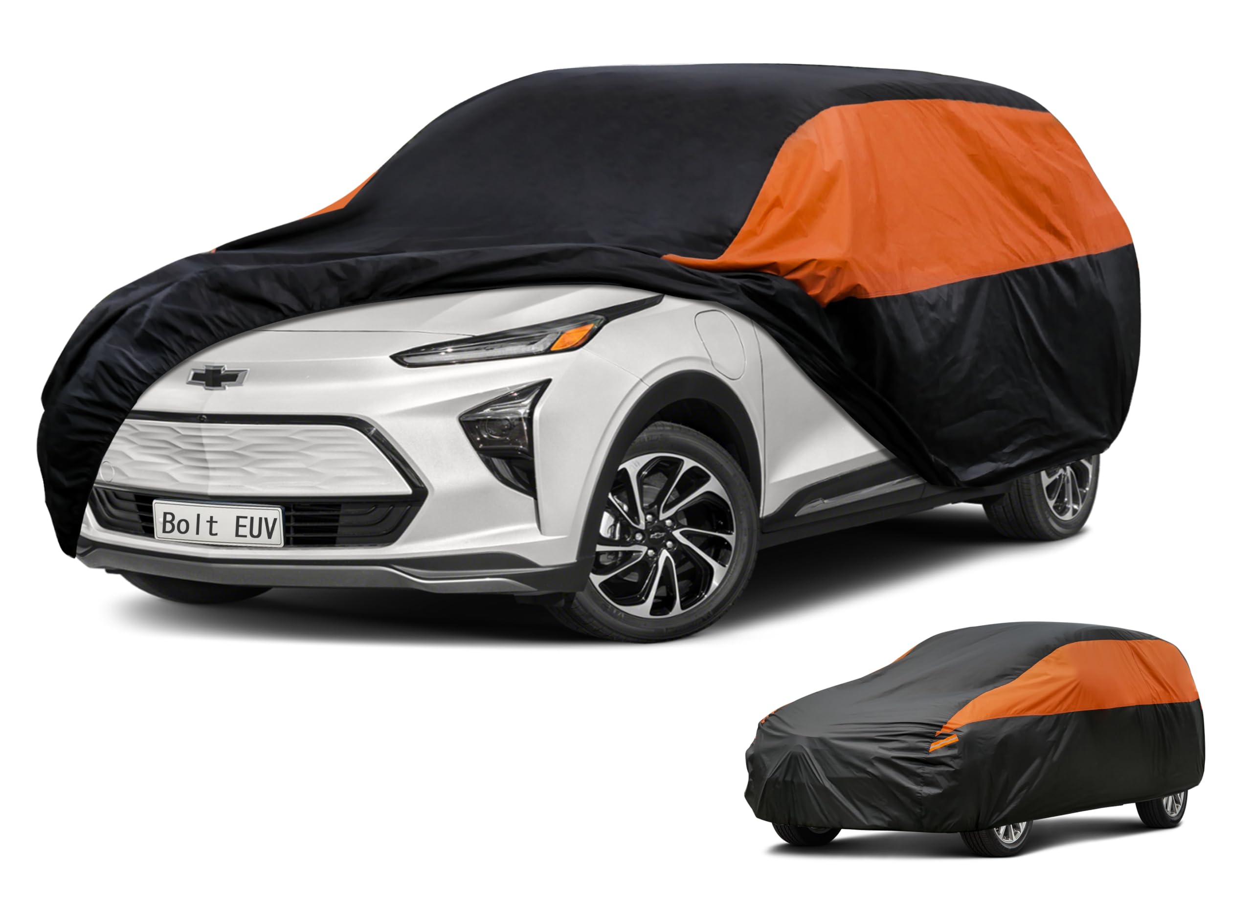 GUNHYI Waterproof SUV Full Car Cover Custom Fit Chevrolet Chevy Bolt EUV | All‑weather Outdoor sun/rain/dust/snow/wind/UV protection, breathable lightweight fabric, black‑orange design,storage bag