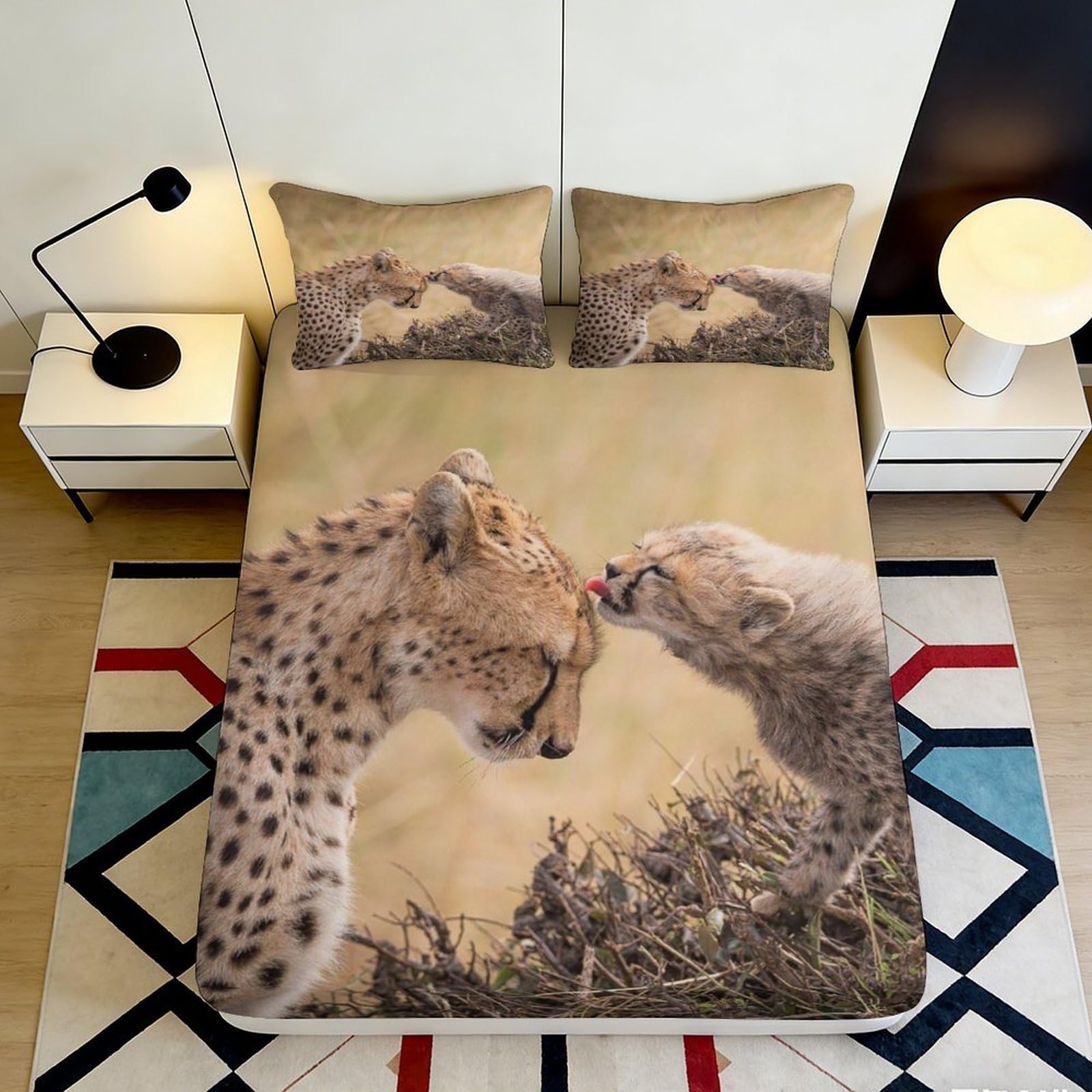 3D Printed Cheetah Wildlife Fitted Sheet Microfiber Soft Breathable Animal Bed Cover for Bedroom Dorm Decor 90x200x25cm