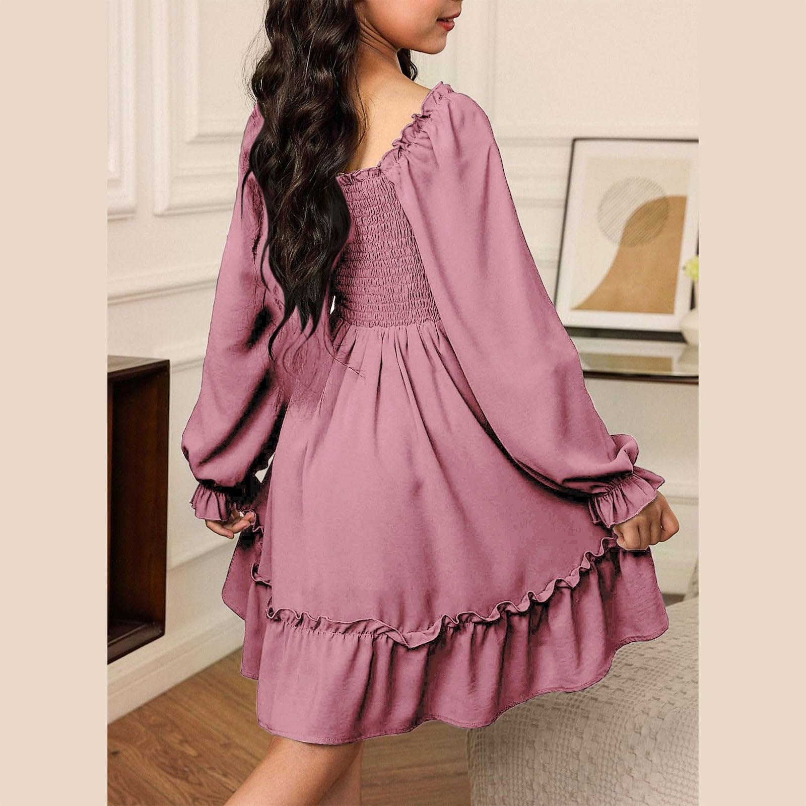 Vestito da ragazza con scollo quadrato e punto smock alto basso a maniche lunghe abito estivo per bambini casual A-Line Swing volant abiti da festa di compleanno per matrimoni