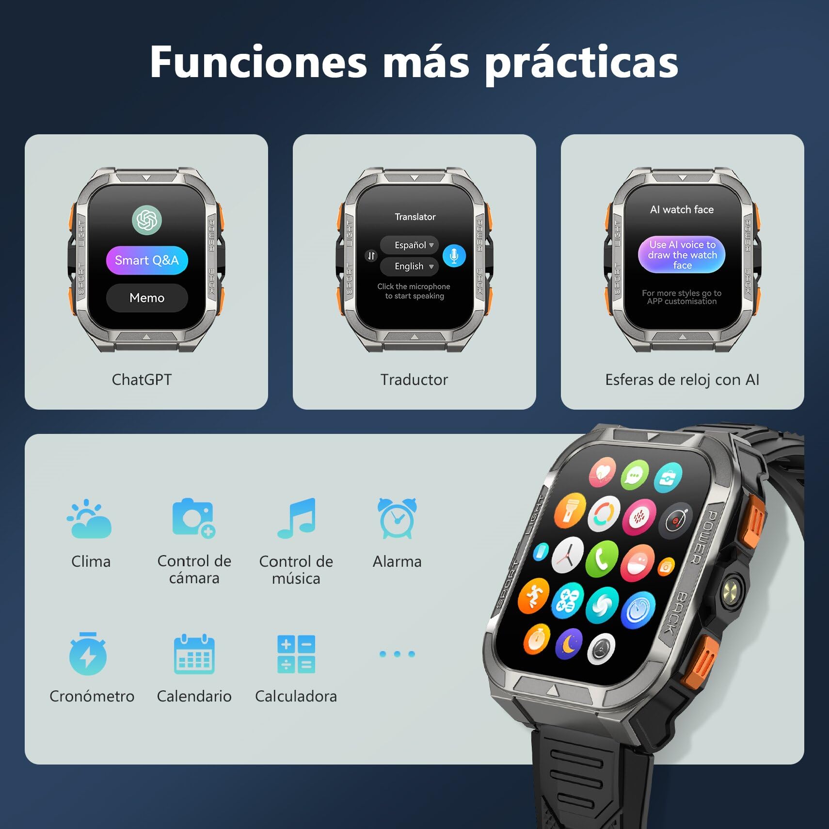 Blackview Reloj Inteligente Hombre Militar - GPS, Linterna, Brújula, AI, 1.91" Smartwatch Hombre con 100+ Modos Deportivos, Llamadas/Notificación, Pulsómetro/Oxímetro/Sueño, Pulsera Actividad, Negro