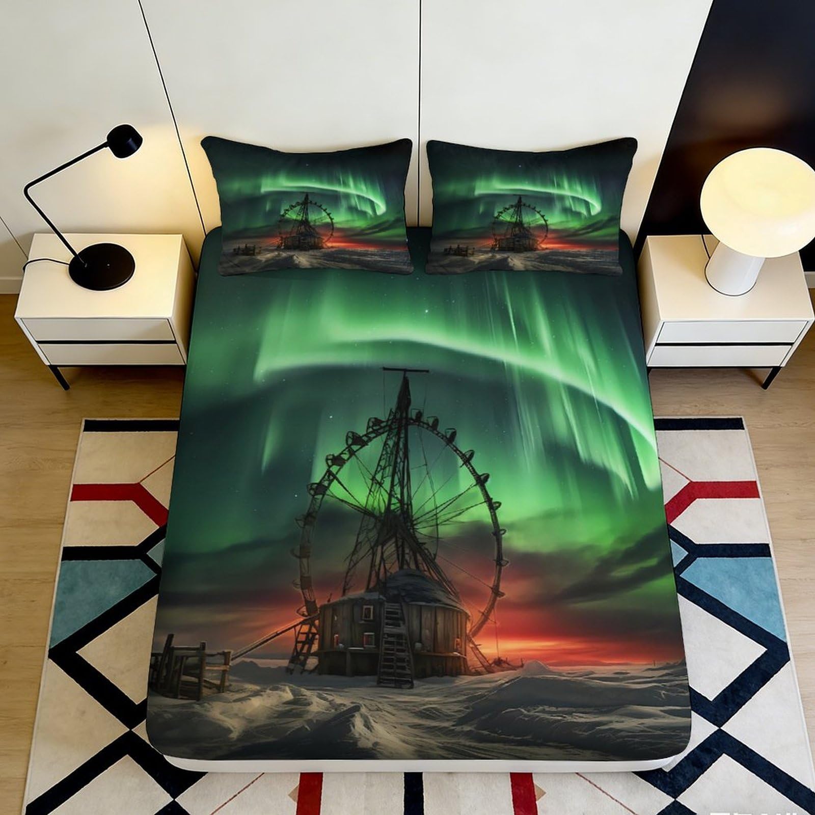 3D Printed Northern Lights Fitted Sheet Microfiber Soft Breathable Aurora Borealis Bed Cover for Bedroom Dormitory Guest Room Mattress Protection Decor 160x200x25cm