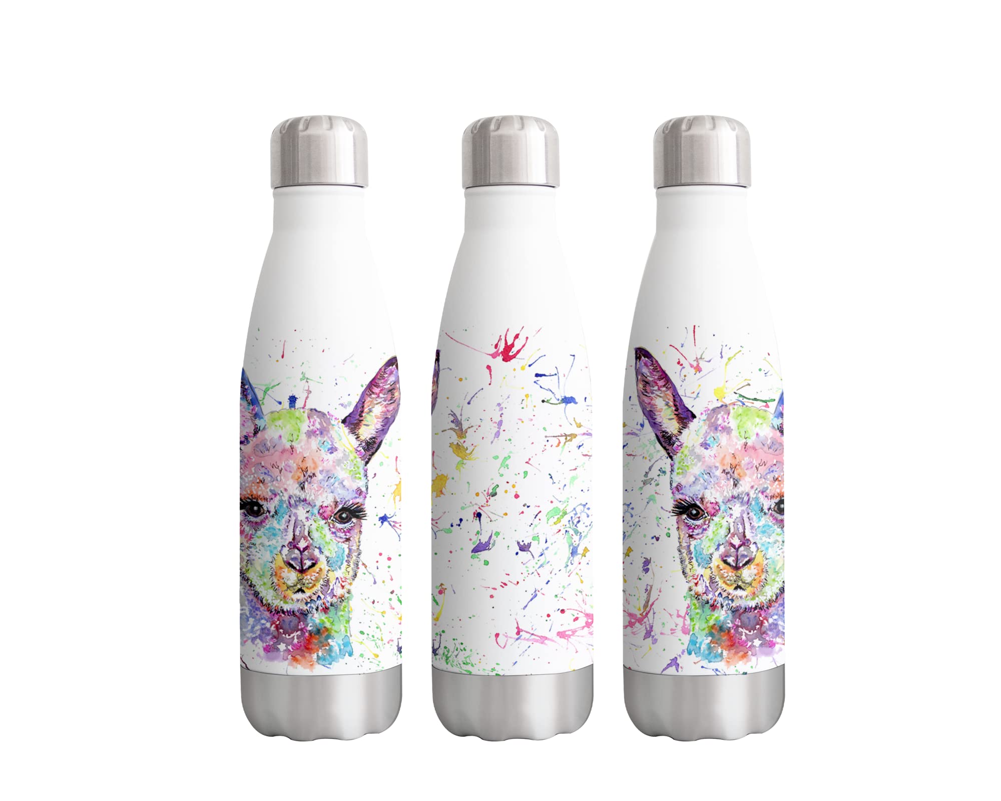 VixarAlpaca Watercolour Farm animals rainbow art Bottle double Wall insulated Stainless steel sport Drinks 500ml WHITE Gift ideal for school work office Oudoor sports keeps Hot and Cold Drinks