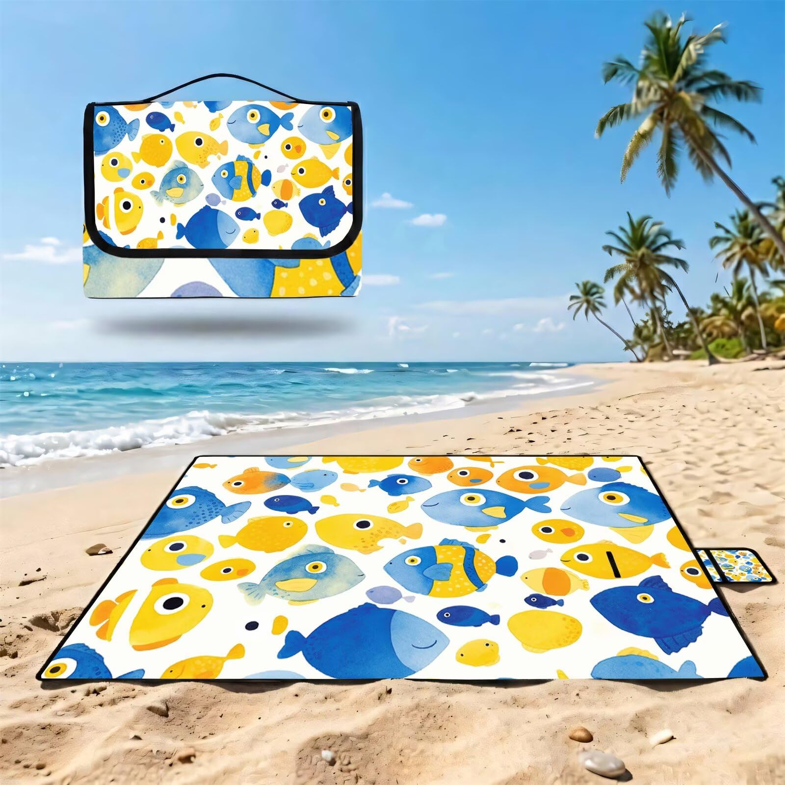 Coperta de Picnic 150x200 cm, Carino Manta Picnic Impermeable Anti-Sabbia Manta de Playa Pieghevole, Outdoor Picnic Blanket per Spiaggia, Camping, Giardino, Trekking - pesce FZ-128