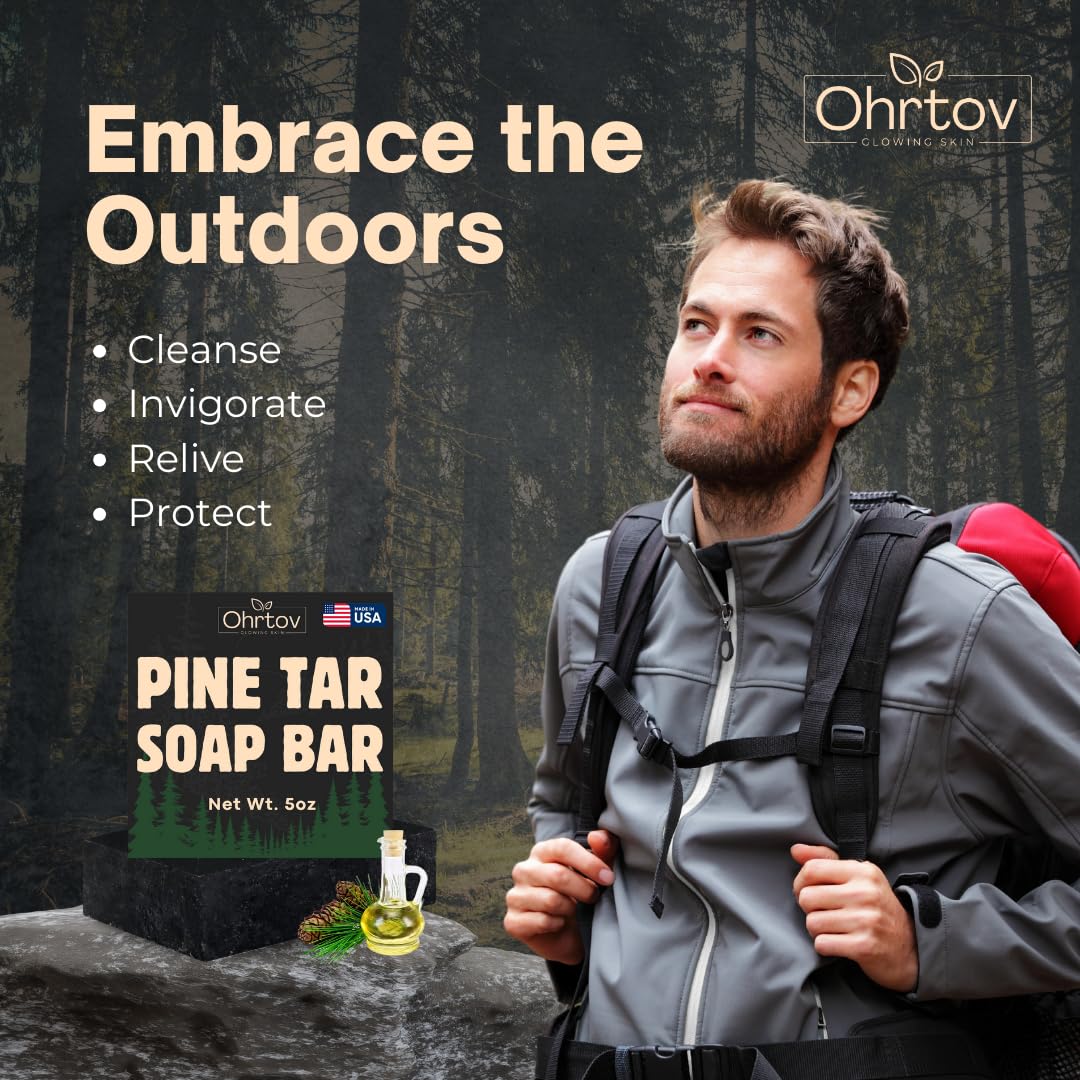 Jabón de alquitrán de pino – Barra de jabón de alquitrán de pino natural para hombres – Barra limpiadora para el acné, eczema, psoriasis y alivio de picazón – Gel de baño facial y corporal con carbón 2