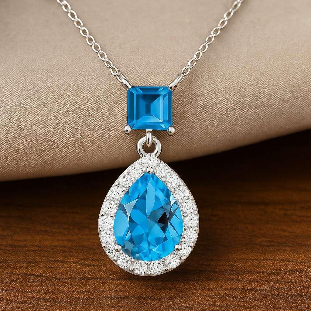 Natural Swiss Blue Topaz Drop Pendant Necklace with Diamonds | Princess & Pear Cut | 14K Gold or 925 Sterling Silver | December Birthstone Jewelry Gift for Women
