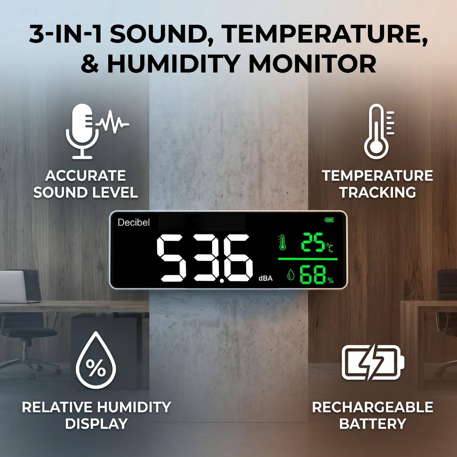 Eujgoov DM 1306D Medidor de Decibelios Digital de Montaje en Pared 30-130 DBA LED | 3 en 1: ruido, temperatura, humedad;exportación de registro de datos, interruptor °C / °F, calibración manual, 2000 mAh,
