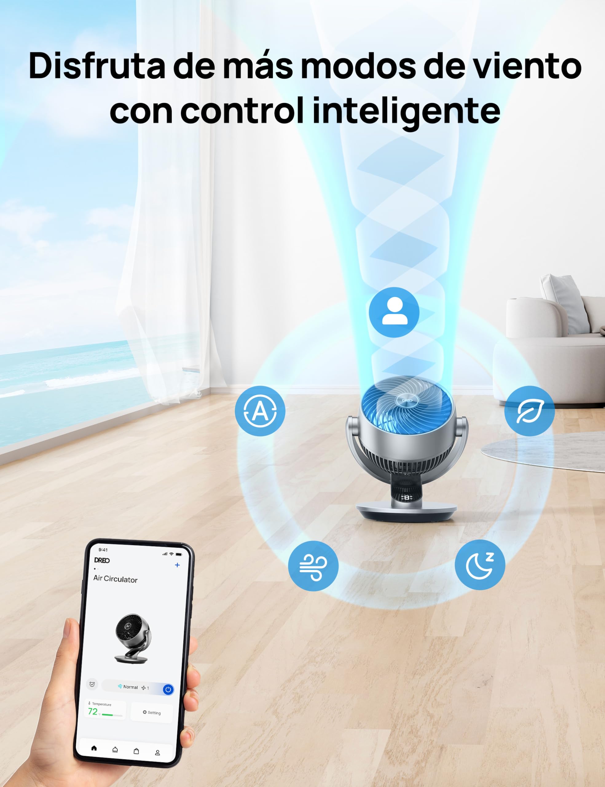 Dreo Ventilador de mesa inteligente, 28 dB, diámetro de 18 cm, 4 velocidades, 5 modos, temporizador 12h, oscilación 120° + 90°, control remoto y por voz, función de enfriamiento, Lynx S, plateado