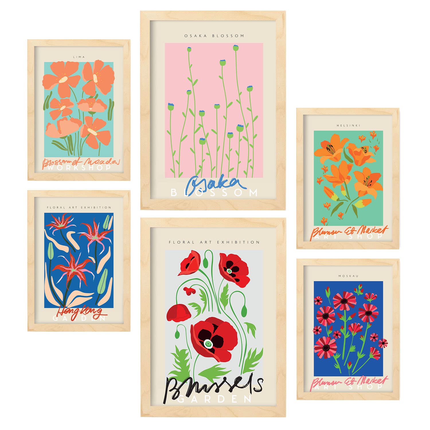 Nacnic Set of 6 posters Spring flowers. Collection of posters in collage aesthetic for interior decoration. Sizes A3 and A4. Light wood frames.