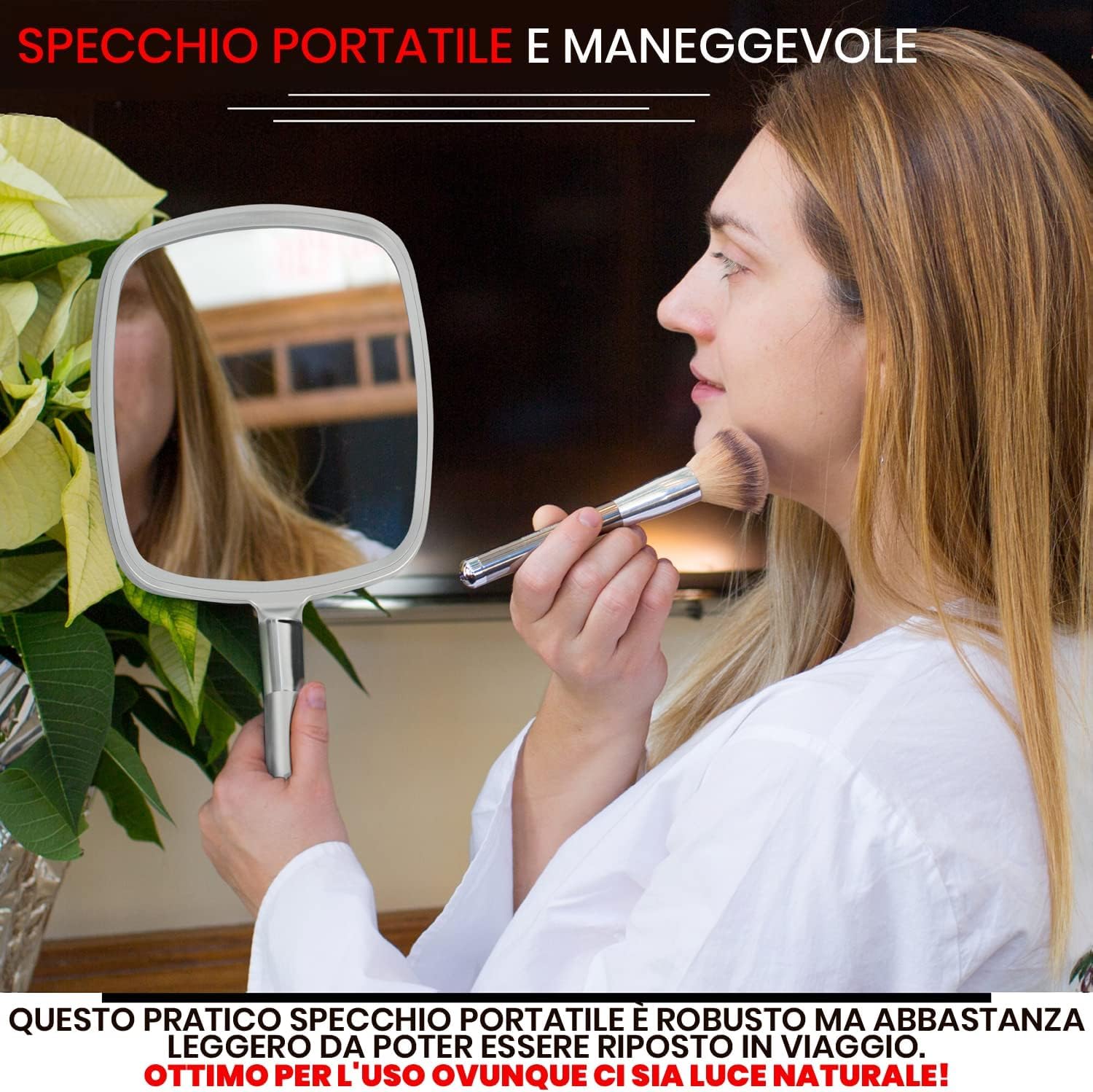 Mirrorvana Specchio a mano portatile grande per trucco con manico ergonomico - specchio cosmetico argento