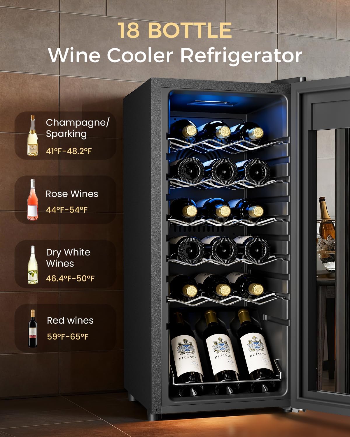 18 Bottle Compressor Wine Cooler Refrigerator - Freestanding Wine Fridge with Glass Door & Digital Temperature Control, Wine Refrigerator for Red, White, Champagne or Sparkling Wine, Black