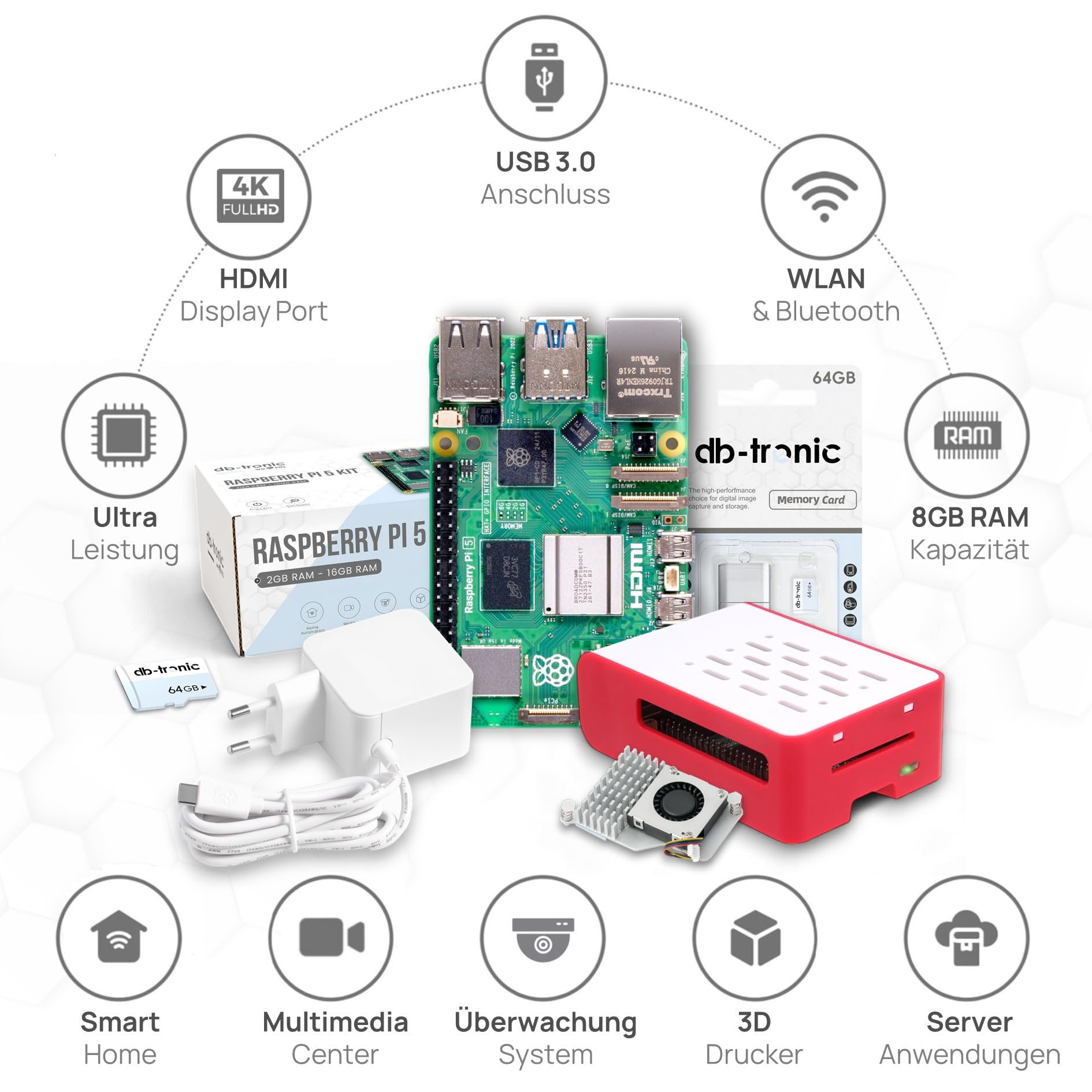 db-tronic Starter Kit para Raspberry Pi 5 8 GB | Edición 64 GB | Alimentación 27 W | Carcasa Airflow | Refrigeración Activa | Micro HDMI 4K | Ideal para Home Assistant y el Smart Home