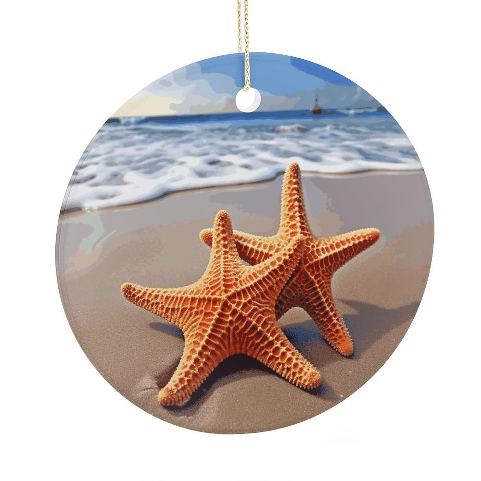 Adfgyerh Style Starfish On The Beach Ceramic Circular Pendant,2.9 Inch，Hanging Ornament，Gift Exchange Idea Round Ceramic Ornament,For Mom And Daughter，For Home Indoor Outdoor Decor.
