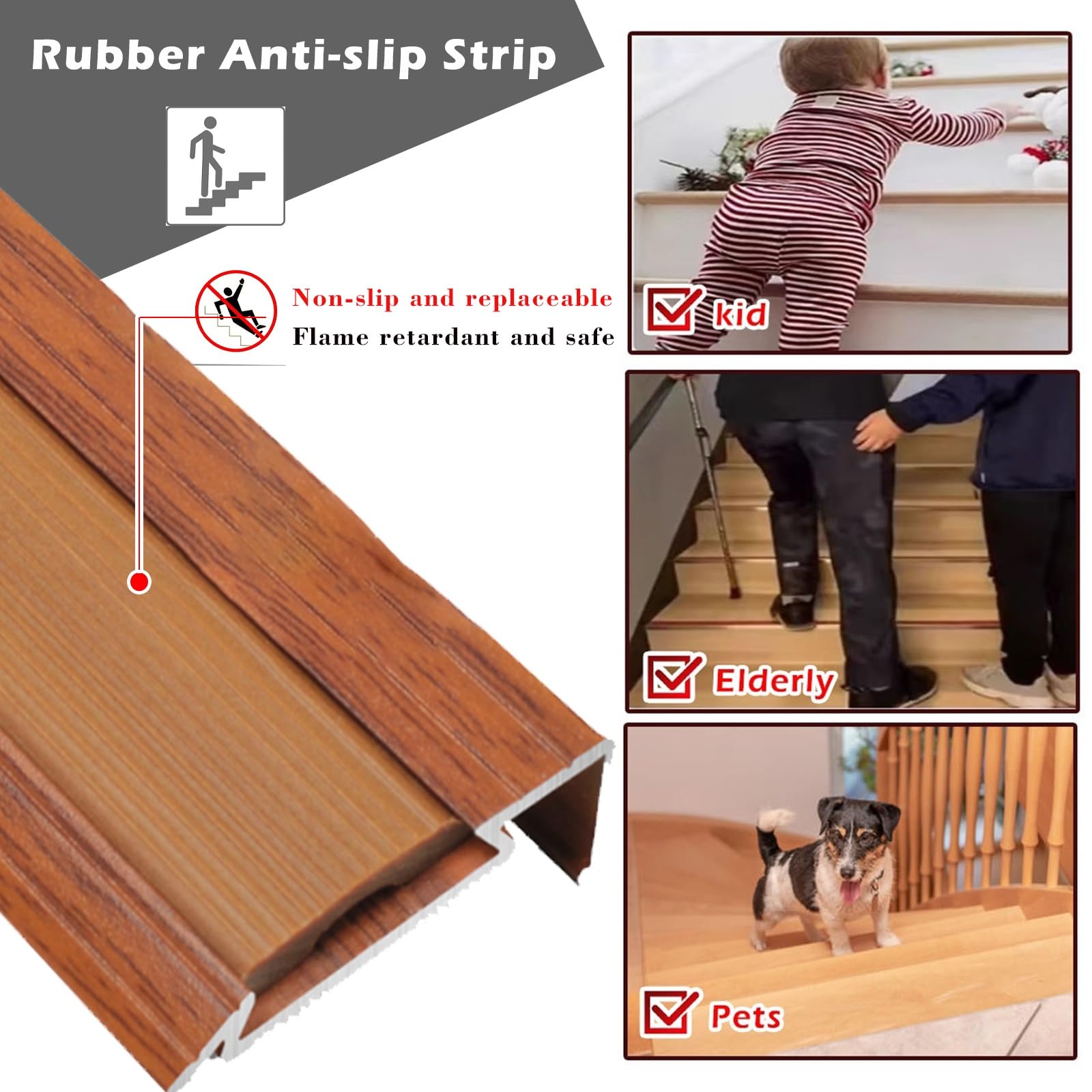Striscia di transizione antiscivolo per scale, protezione per bordi delle scale in moquette/legno, con venature del legno, 89,9 cm