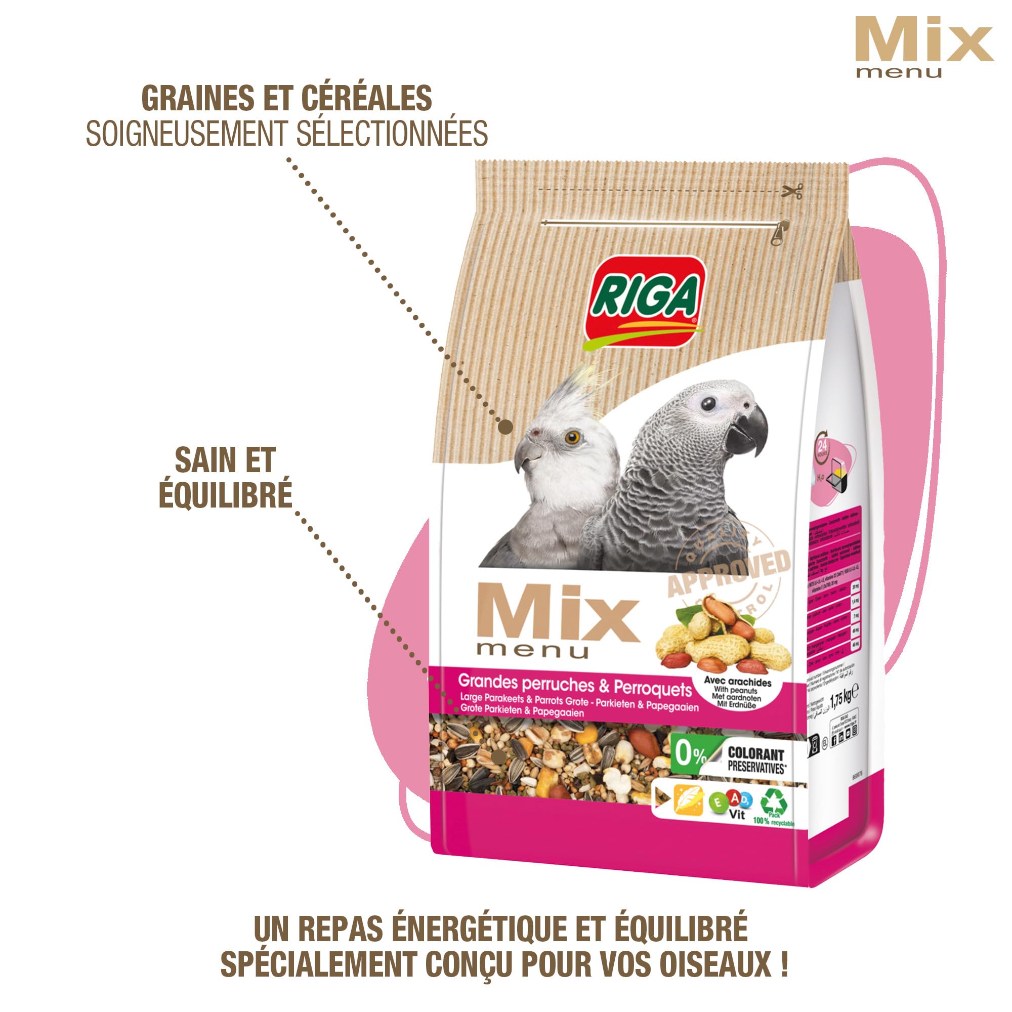 Riga - Menu Mix Grandes Perruches Et Perroquets - Nourriture pour Oiseaux - 20 Ingrédients - Arachides - Oligo-Eléments - Digestion, Croissance, Brillance Plumage - 0% Colorant/Conservateurs - 1,75kg - 3