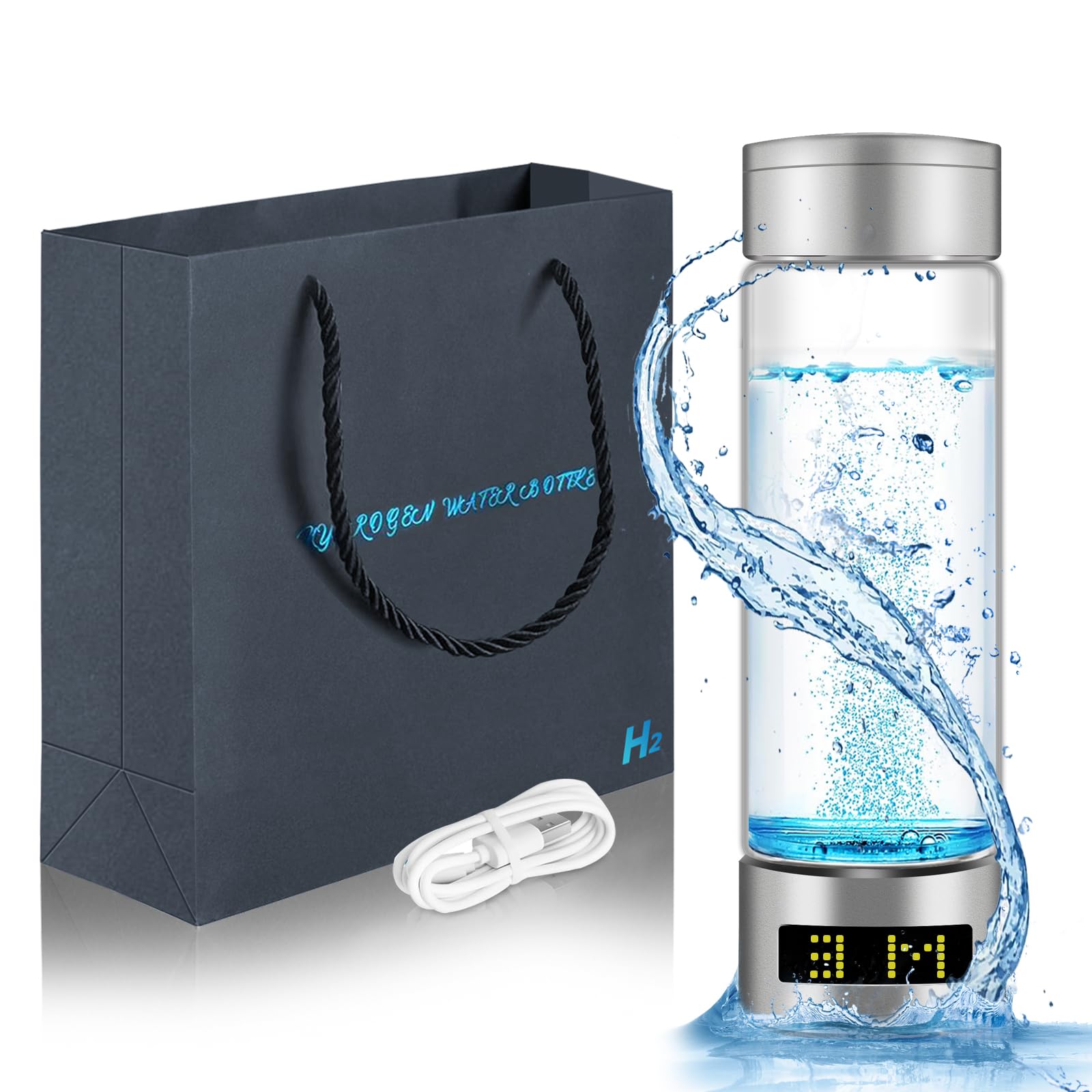 6000 PPB Hydrogen Water Bottle,2025 Portable Hydrogen Water Generator Machine,Alkaline &Glass Water Bottle,Upgraded SPE/PEM,with Exhaust Hole, LED Display, for Travel, Sports, Home, Office(Silver)