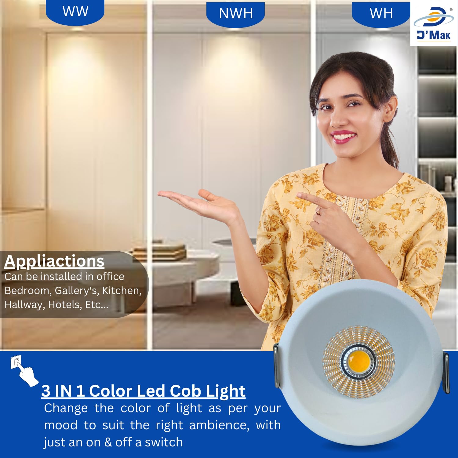 D'Mak 18W White Body LED Deep COB Light | Recessed LED Ceiling Light for Indoor Lighting (3in1, Pack of 8) 3