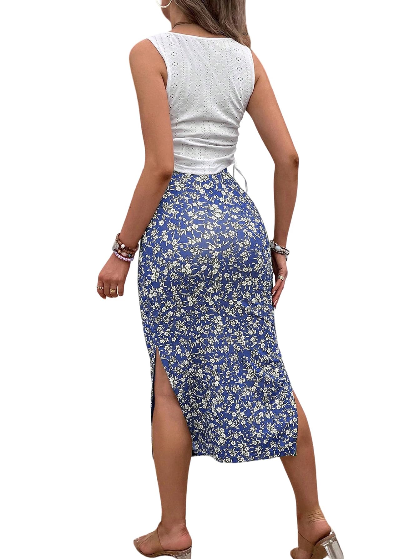 SweatyRocks Damen Zweiteiler Set für Schwangere mit Tank Top und Blumen Midirock Sommer Freizeitanzug Boho Umstandsmode Strand Rock Set