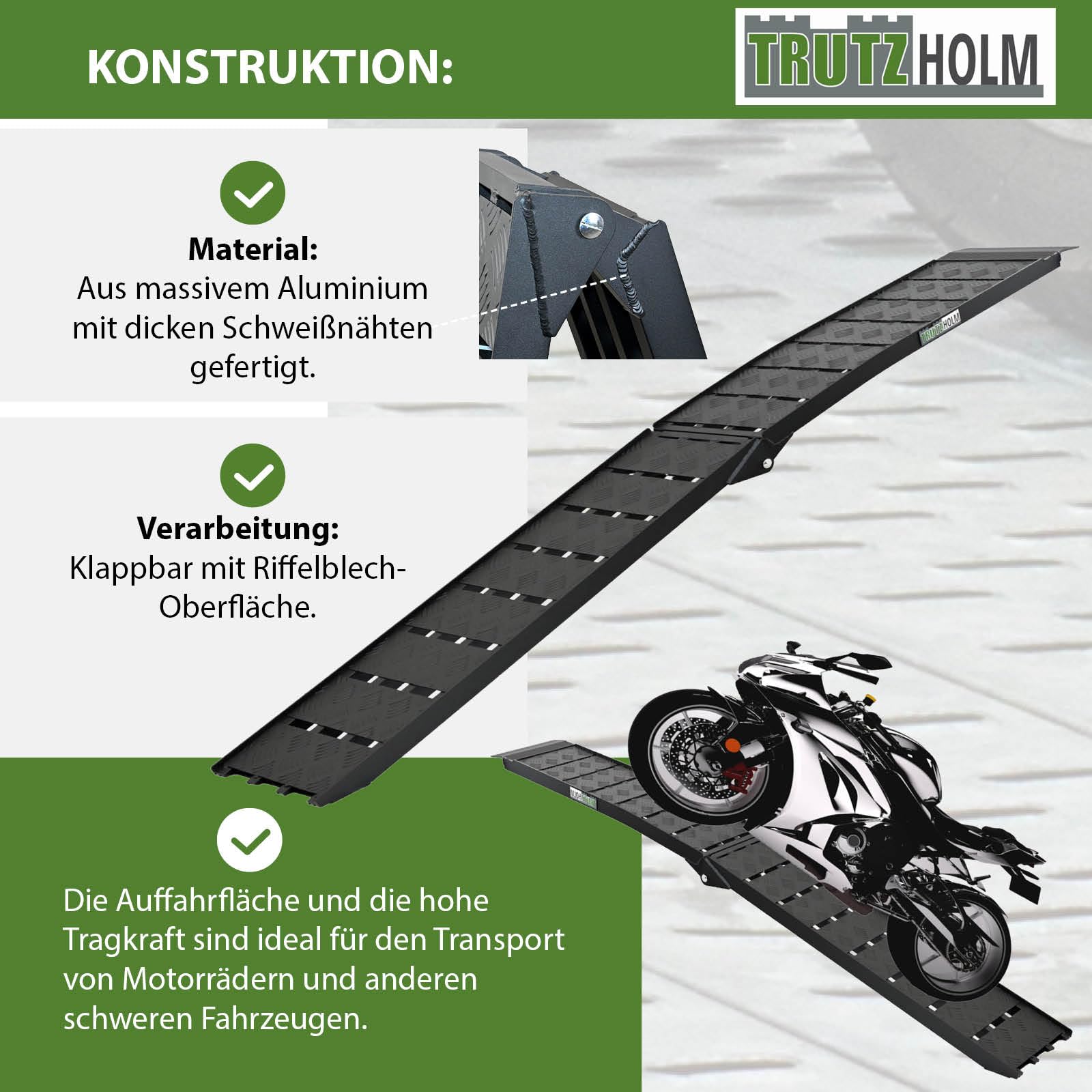 TRUTZHOLM 1 x Auffahrrampe 226 x 28,5 cm Traglast 680 kg Alu klappbar geriffelt Tränenblech schwarz Motorradrampe Quadrampe