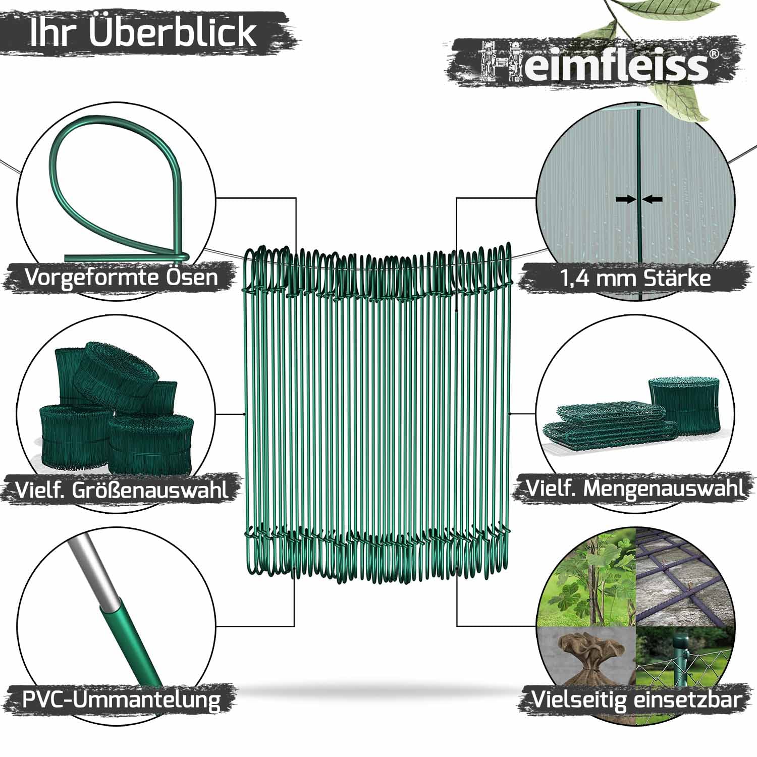 Heimfleiss® Rödeldraht Betonbindedraht 1,4 mm grün ummantelt (1000 Stk) | Rostfreier Ösendraht & Drilldraht für Drillapparat & Rödelzange | PVC-ummantelt, stabil | für Moniereisen, Bau & Garten