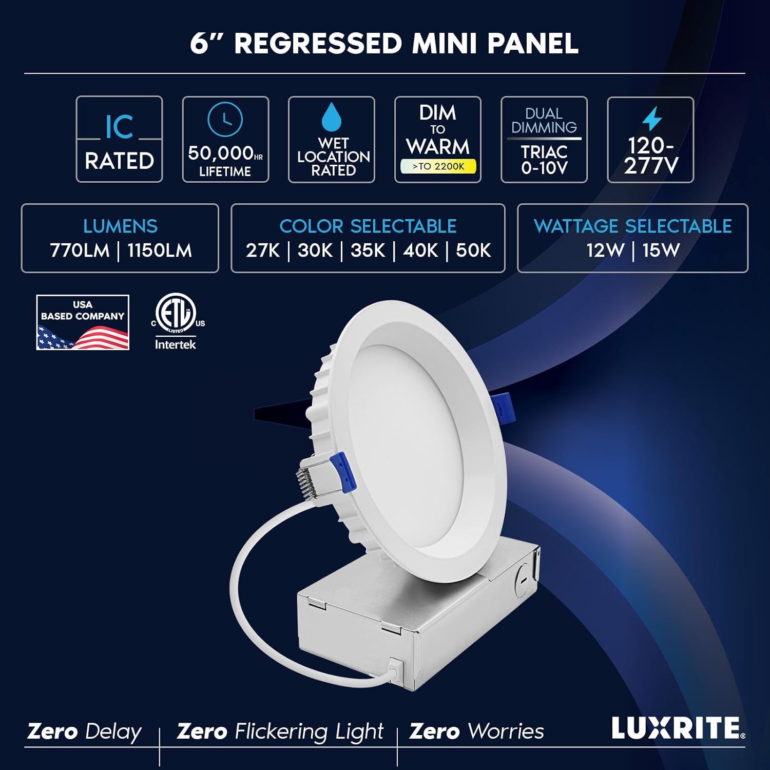 LUXRITE 6 Inch LED Regressed Mini Panel, Recessed Light, 5CCT 2700K-5000K, Dim to Warm, Switchable 12/15W, 770/1150 Lumens, CRI90, Dual Dimmable (TRIAC/0–10V), 100°, Canless Spotlight, ETL (6 Pack)