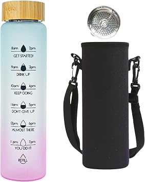 Glass Motivational Daily Water Intake Bottle with Time Marker 32oz, Reusable, with Leakproof Bamboo Lid and Shoulder Sleeve, for Hot and Cold Drinks, BPA FreeBlue
