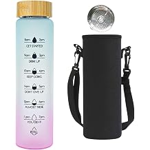 Glass Motivational Daily Water Intake Bottle with Time Marker 32oz, Reusable, with Leakproof Bamboo Lid and Shoulder Sleeve, for Hot and Cold Drinks, BPA FreeBlue