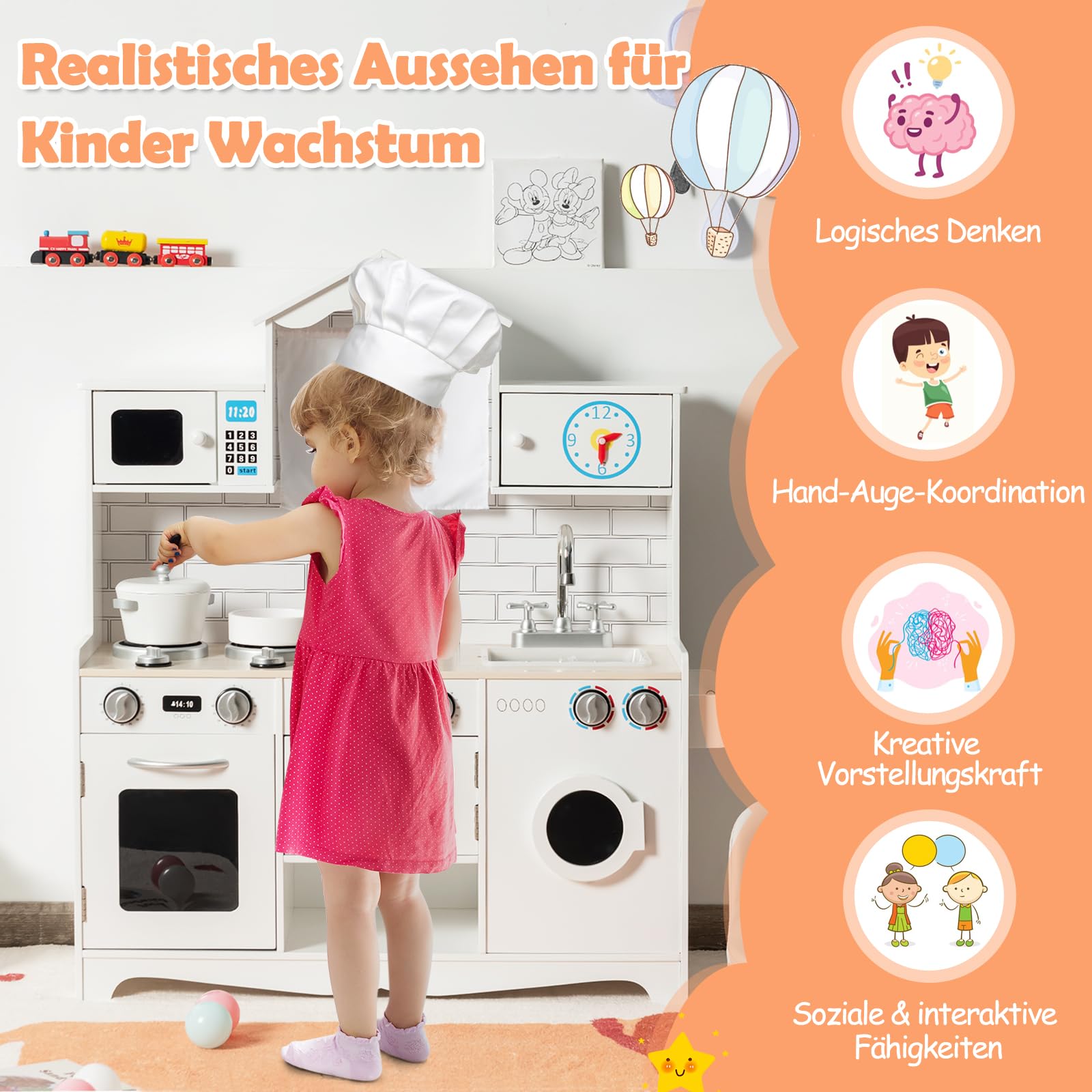 GOPLUS Kinderküche aus Holz, Holzküche Spielküche mit Waschbecken, Herd, Backofen, Mikrowelle & Waschmaschine, Kinderrollenspiele für Kinder inkl. Spielzubehör, 78 x 29 x 93cm