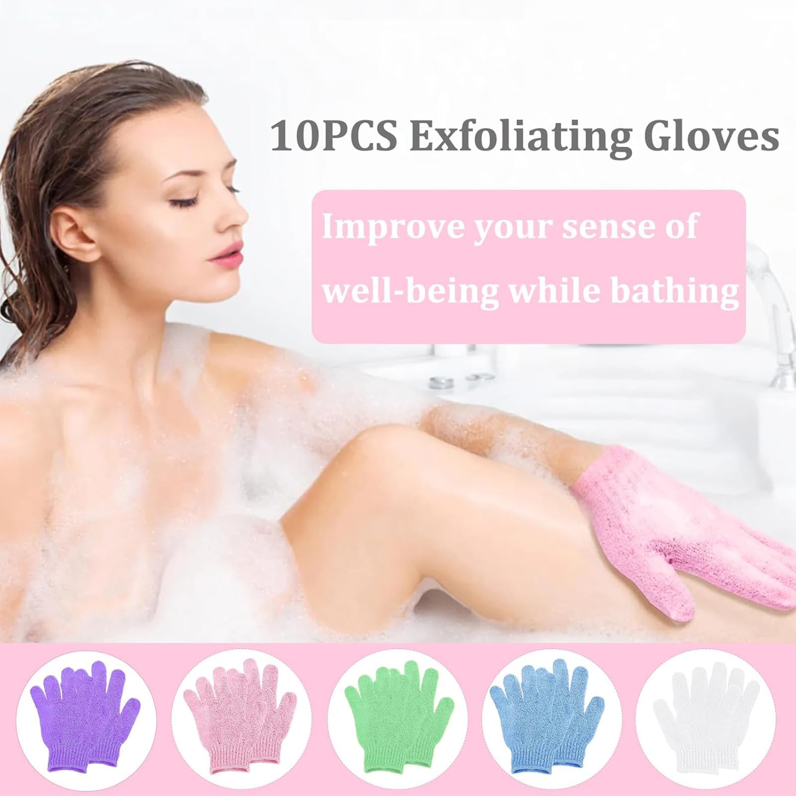 KEYRI Lot de 10 Gant Exfoliant Corps, Gants Gommage Corps Doux Gant Exfoliant Visage pour Hommes Femmes Et Enfants Gants De Bain à Cinq Doigts pour Exfoliation Douche (Blanc+Rose+Violet+Vert+Bleu)