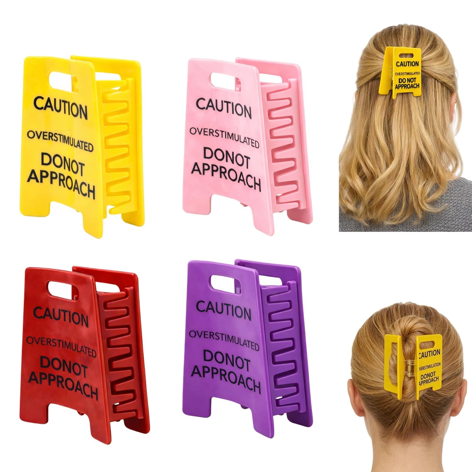 4PCS Overstimulated Caution Sign Hair Claw Clip, Funny Warning Hair Clip Do Not Approach Claw Clip for Thick Hair, Novelty Mood Statement Hair Accessory, Hair Clips for Women and Friends (Mix)