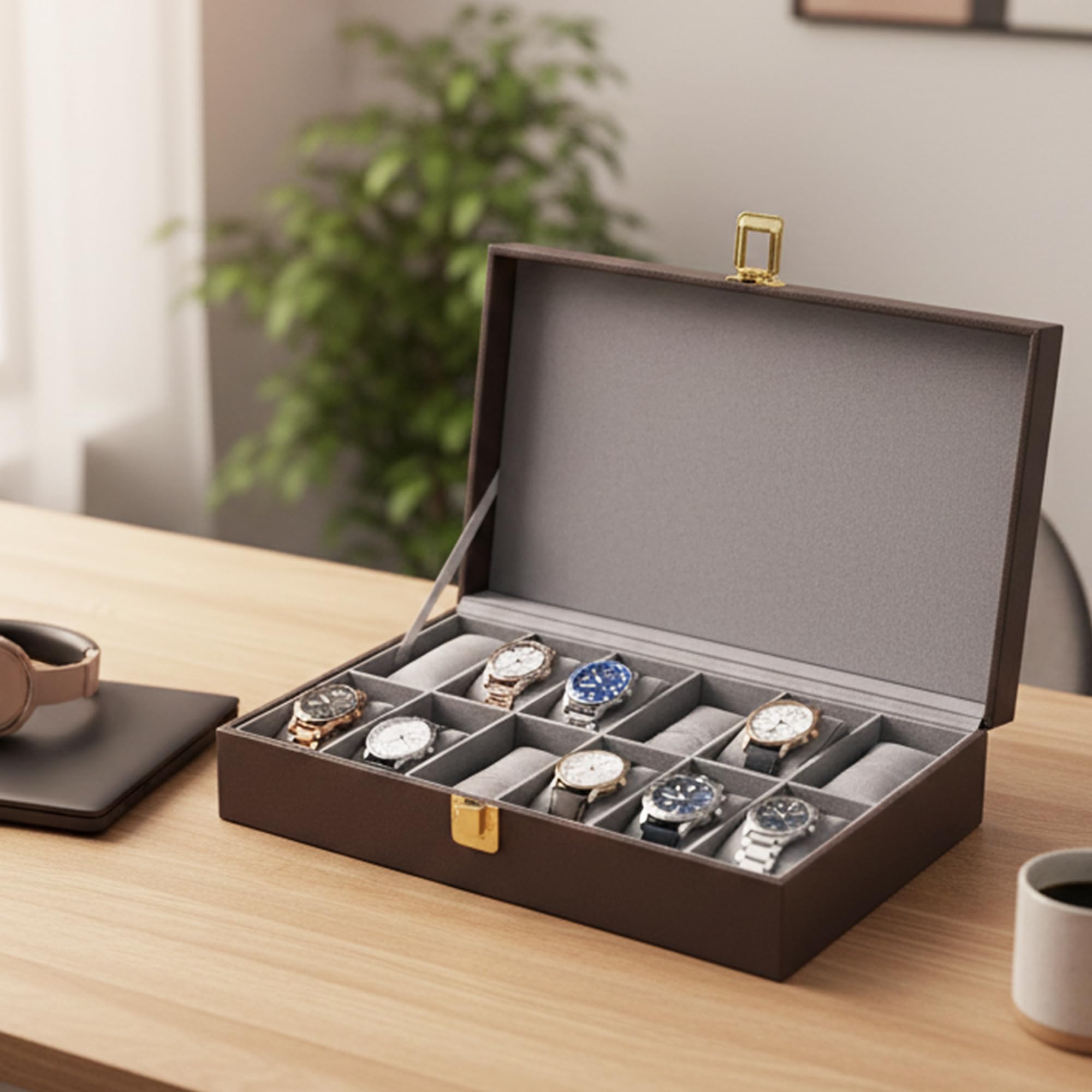 Caja organizadora de relojes unisex de piel sintética MDF con 12 ranuras | Color: marrón